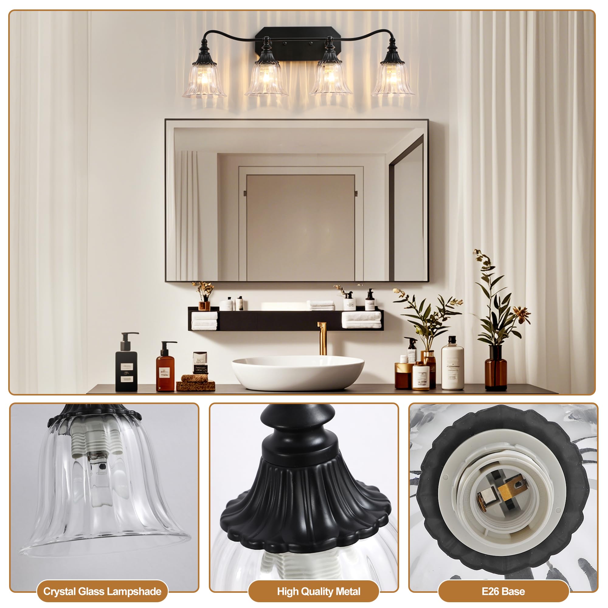 Bathroom Vanity Black Vintage Light Fixture  4 Lights Bathroom Lighting Matte Antique Brass Finish With Crystal Glass Shade  Black Vintage Vanity Light For Bathrooms