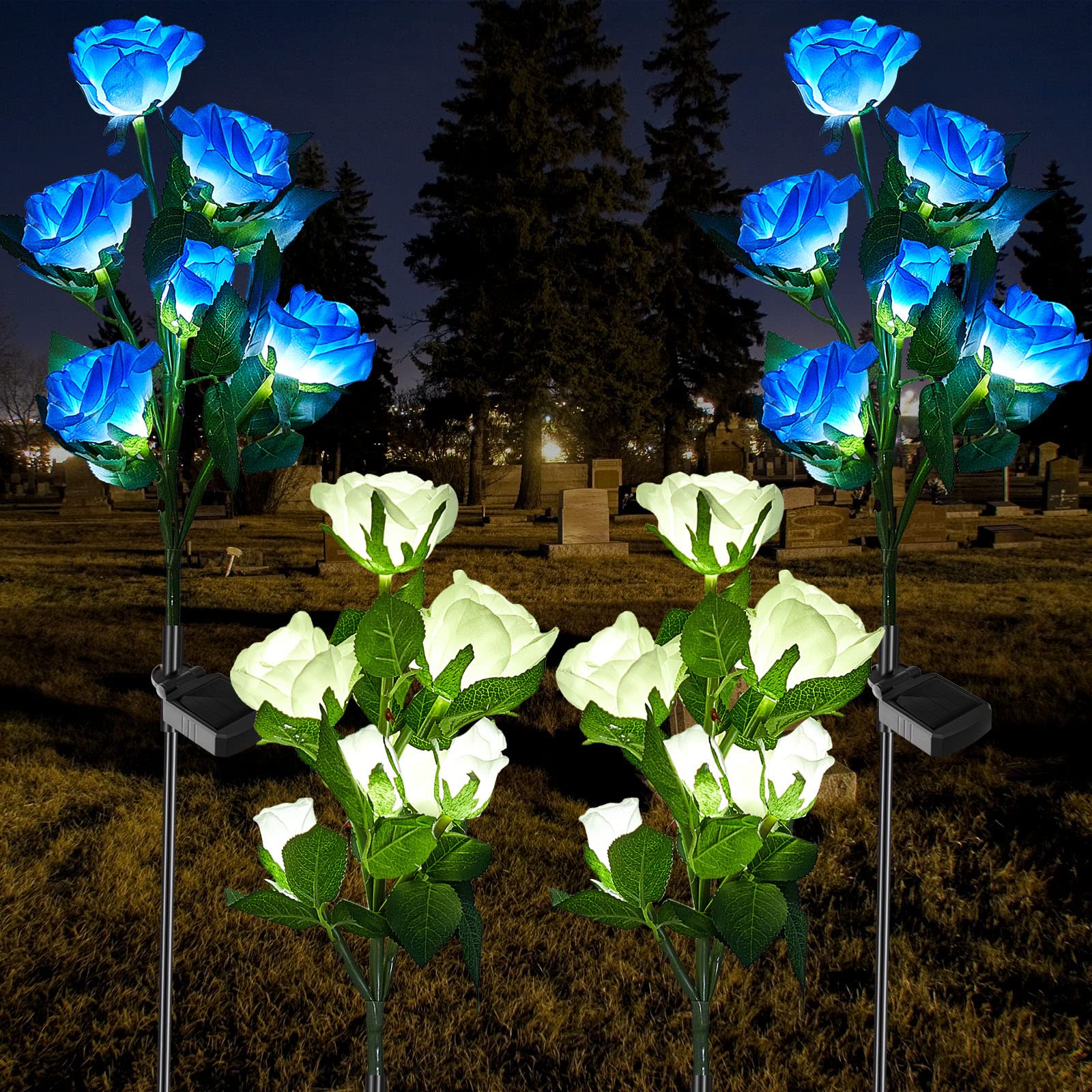 Woanger 4 Pcs Solar Flowers Cemetery Grave Decorations Outdoor LED Flower Lights with 6 Rose Powered Garden Stake Lights Waterpr