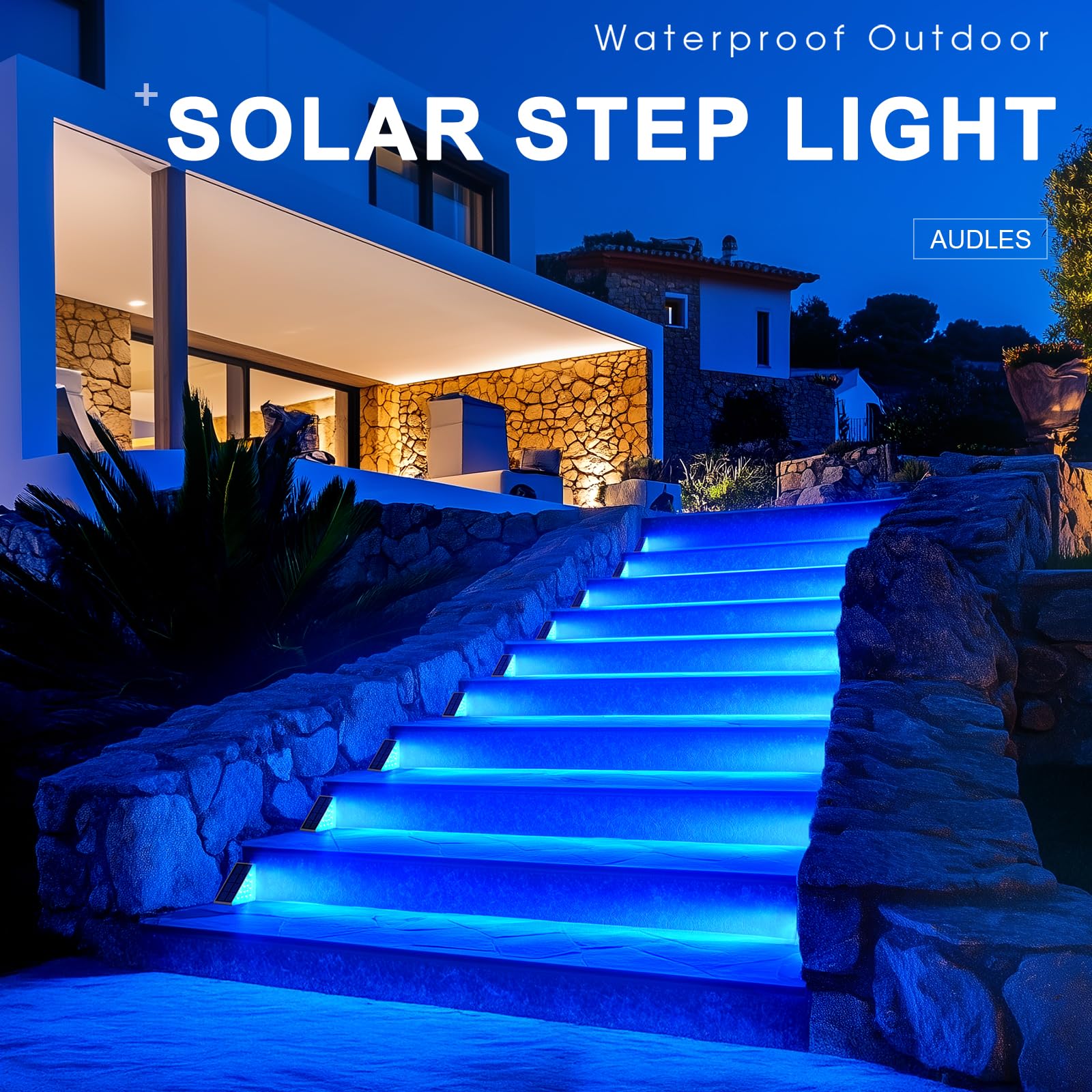 AUDLES Solar Stair Lights, Waterproof IP67, 8 Pack, Blue LED, Outdoor Step Lights for Deck, Porch, Patio, Backyard