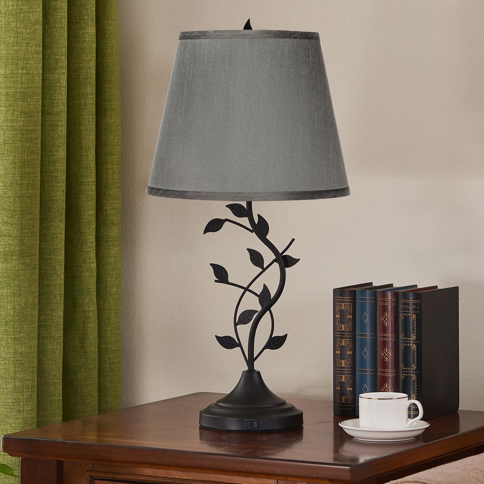 Kakanuo Table Lamp with USB C Charging Ports, Gray Linen Shade, Black Base, Retro Design for Bedroom and Living Room