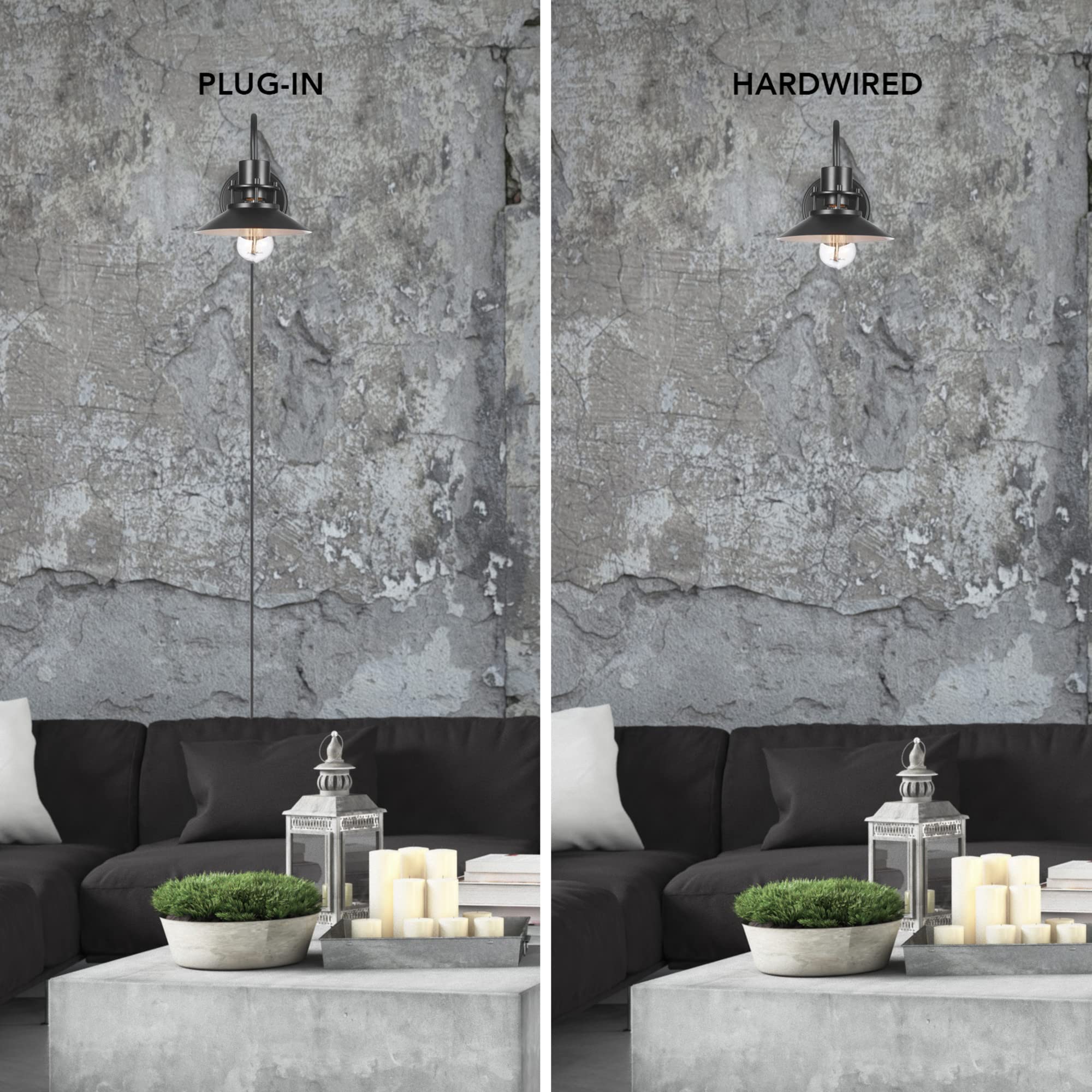 GLOBE 1-Light Wall Sconce, Matte Black, Plug-in/Hardwire, 6ft Braided Cord, In-Line Switch, Model 65929