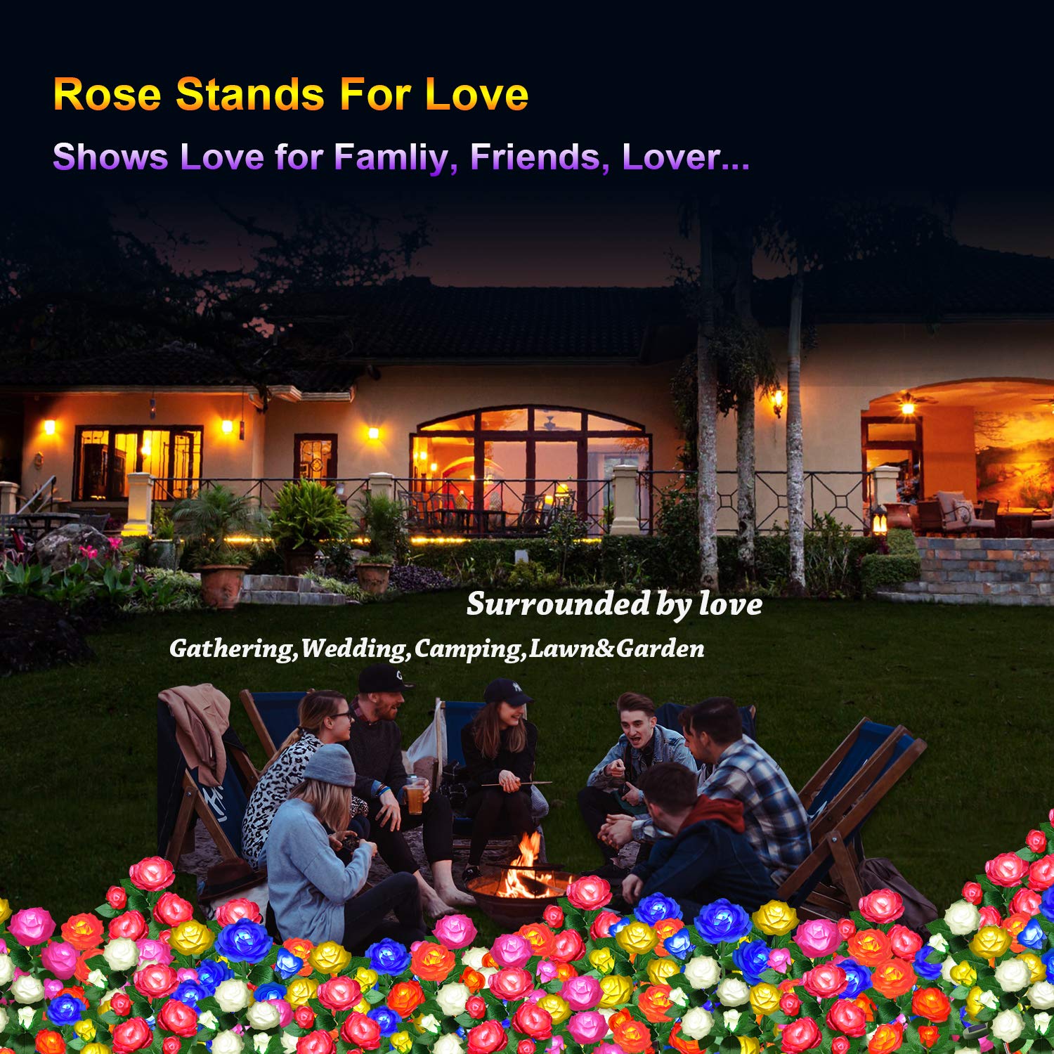 Ywywled Solar Flower Lights - Waterproof Led Stake Lights With 5 Roses, Blue, 2 Pack