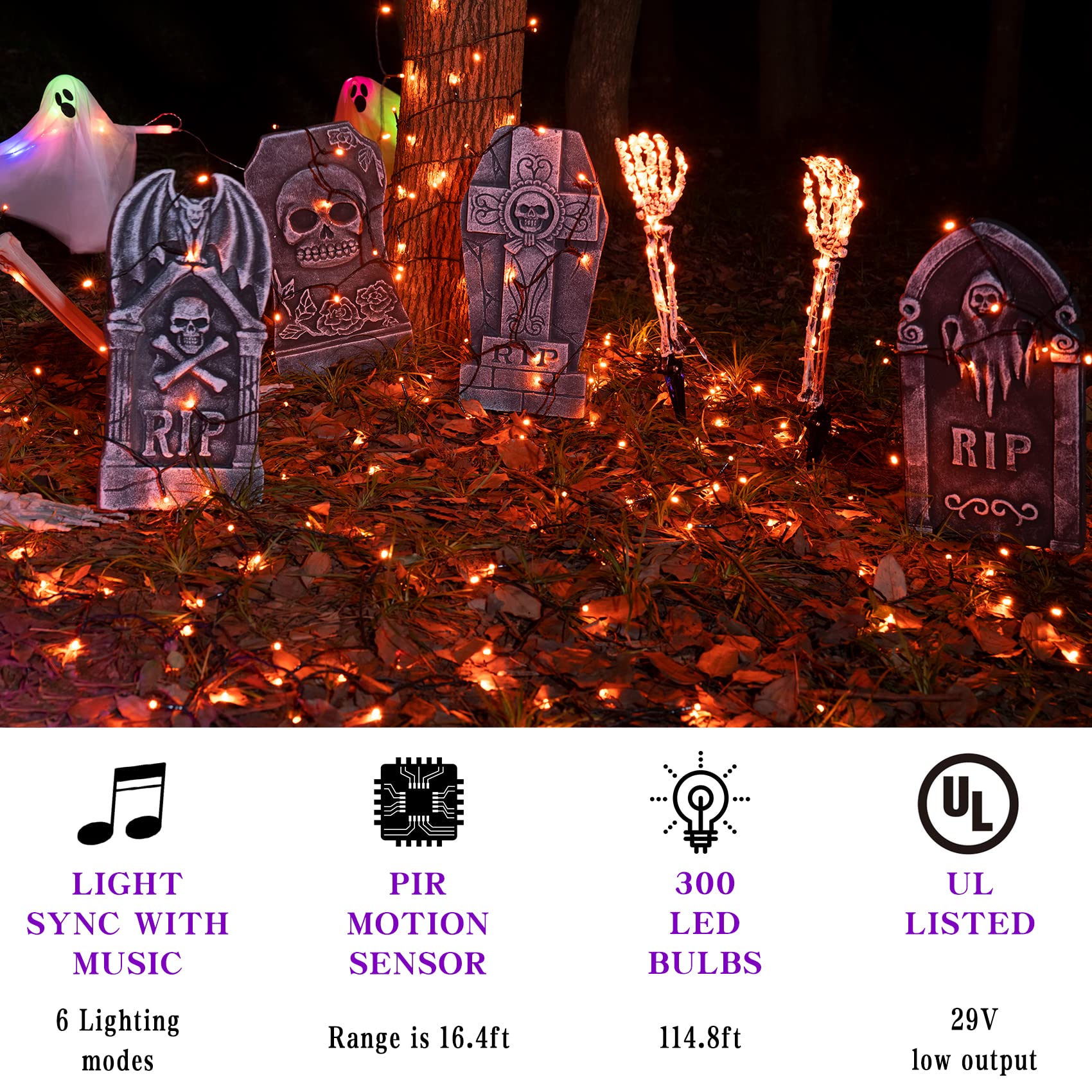 Halloween String Lights With Music Sync Spooky Sounds - 6 Lighting Modes  300 Led Lights For Haunted Party Yard Room Decor (Orange)