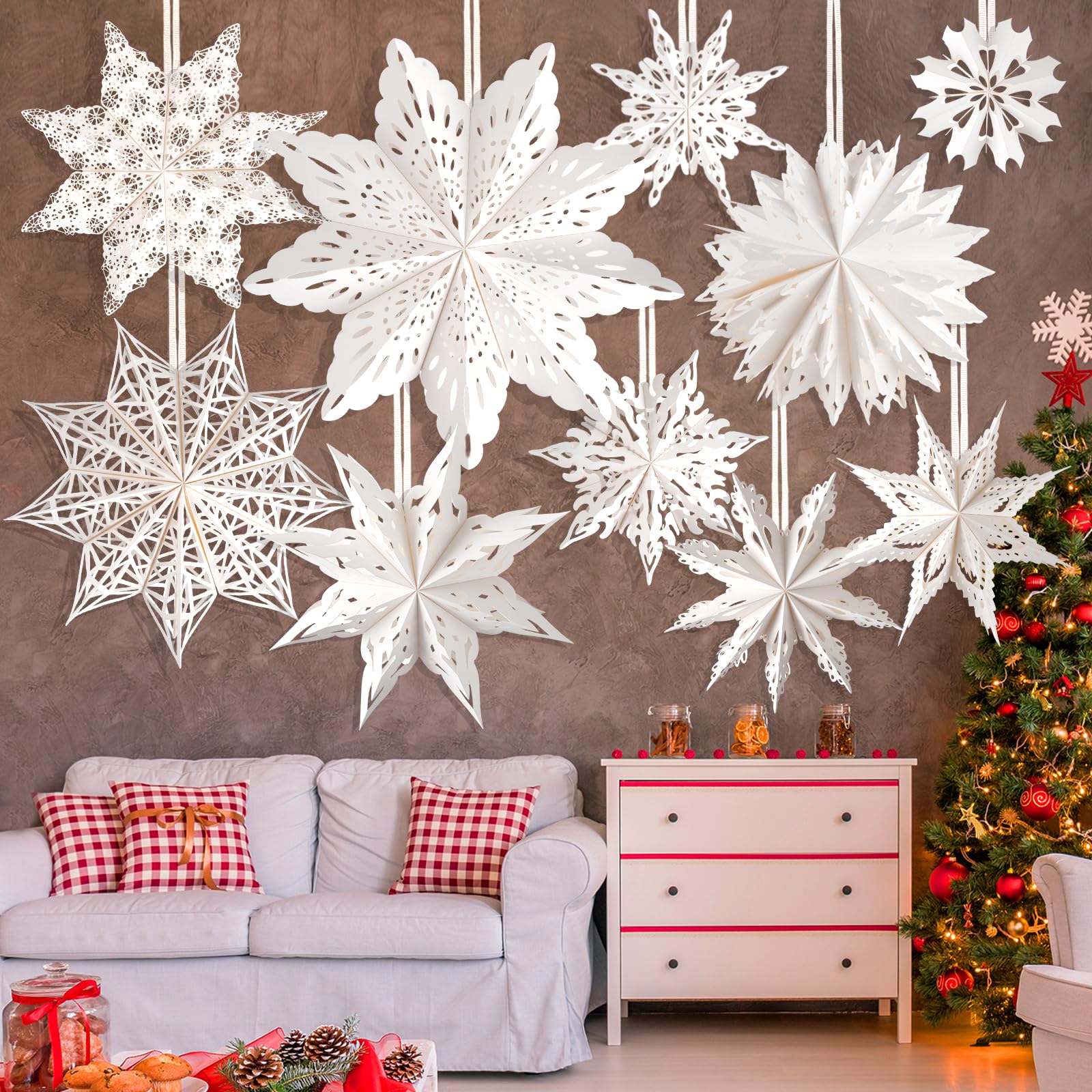 OuMuaMua 10 Pcs Christmas Paper Snowflake Lanterns - Large White Star Lanterns with LED Lights for Holiday Party Decorations