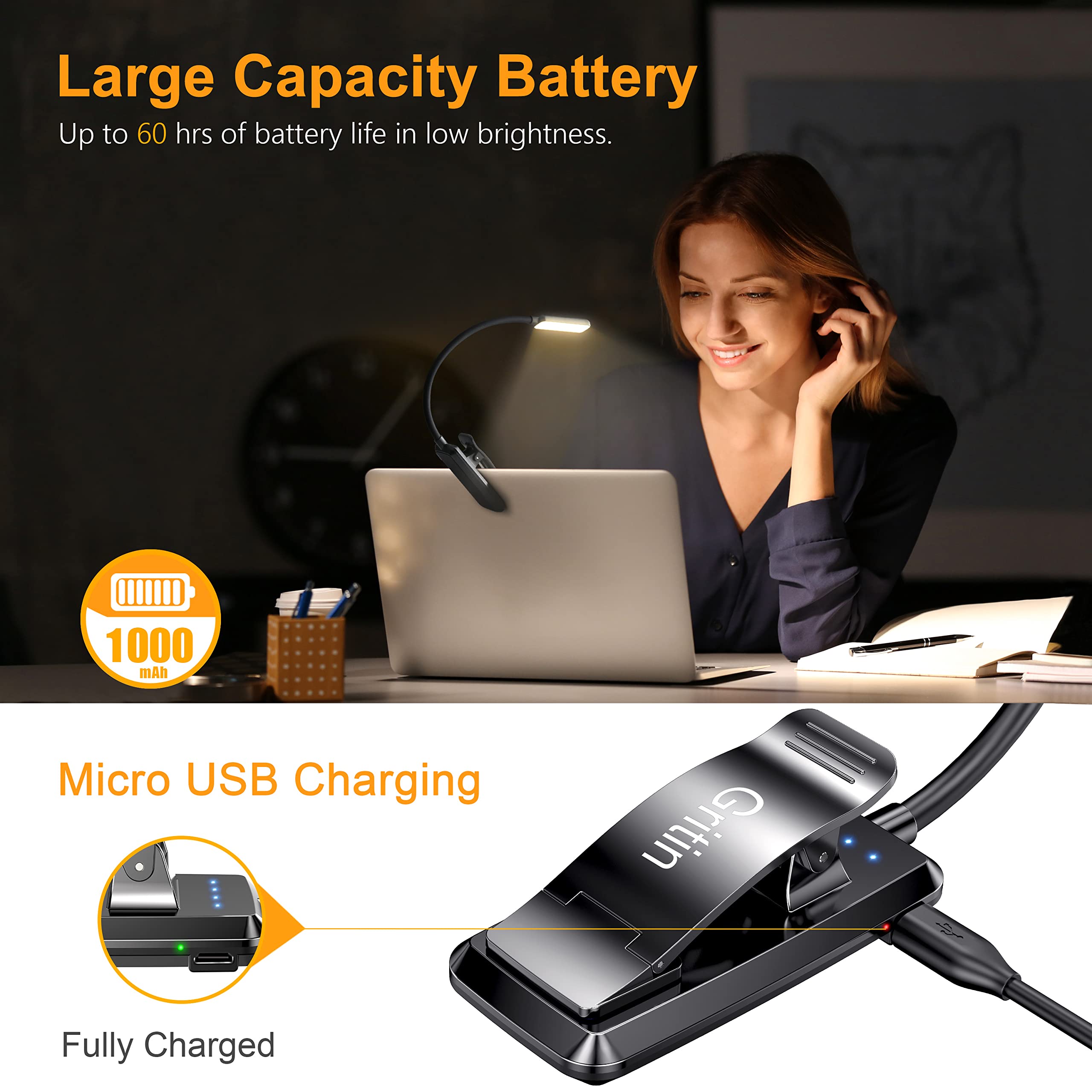 Gritin 9 Led Rechargeable Book Light - Eye Care, 3 Color Temps, 80 Hrs Runtime, Clip-On
