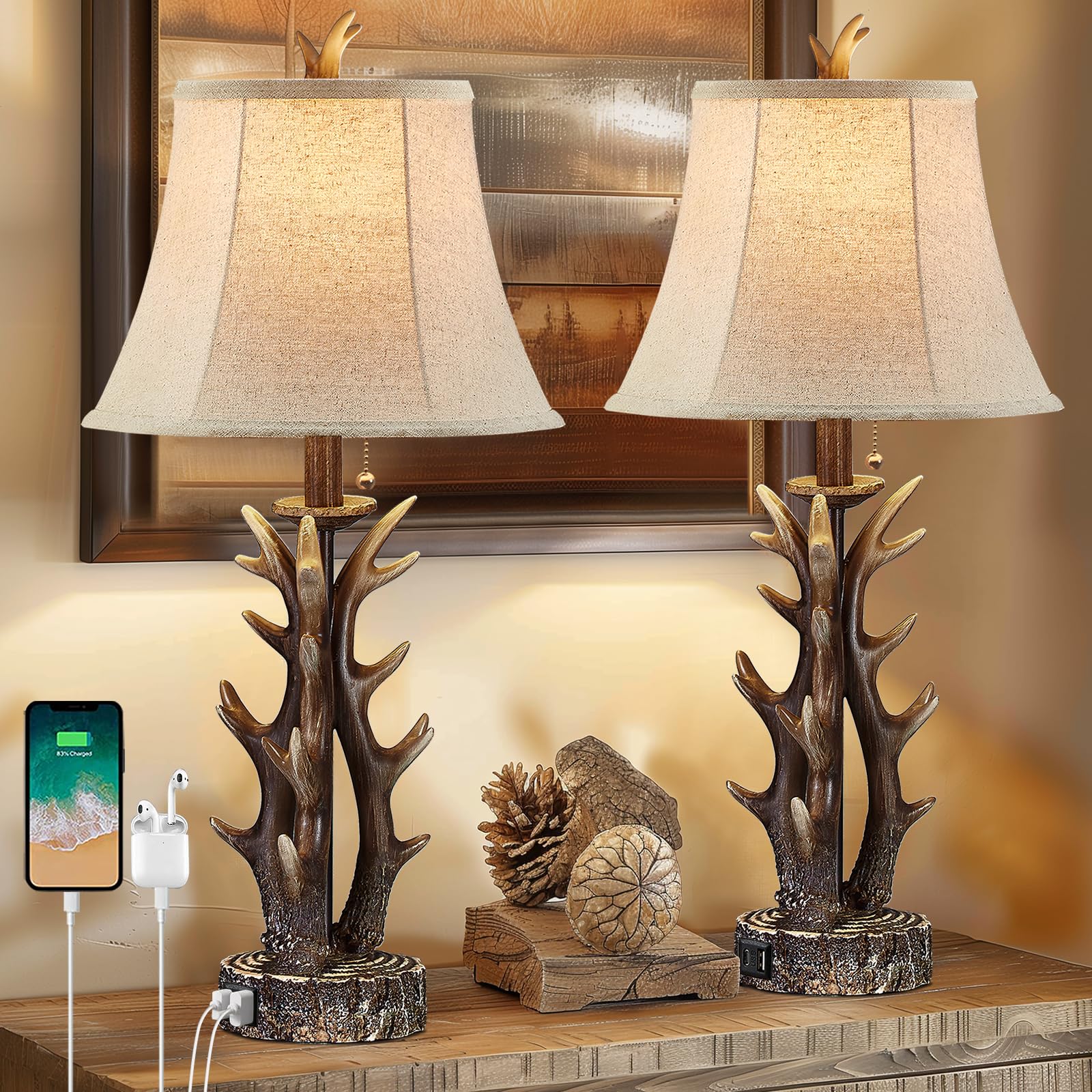 Antler Lamps Set of 2 - Rustic Cabin Table Lamps with Dual USB A/C & Pull Chain Switch  Farmhouse Western Bedside Nightstand Lamp for Living Room  Bedroom  Hunting Lodge Gift (No Bulb Included)