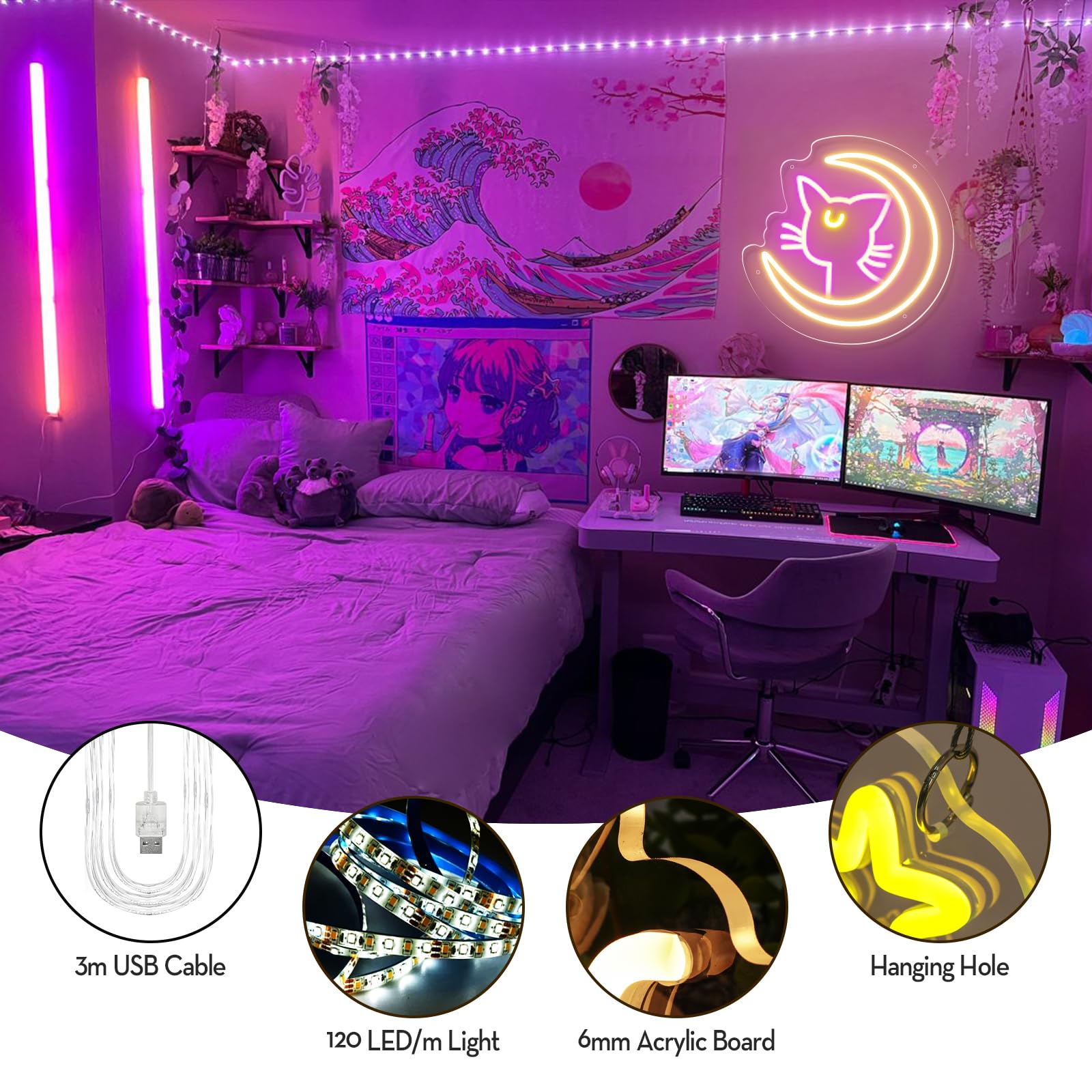 MiMaik LED Neon Sign - Japanese Anime Luna Cat Light, Dimmable, 10inx9.8in, Pink Kawaii Decor for Bedroom, Game Room, Birthday Party