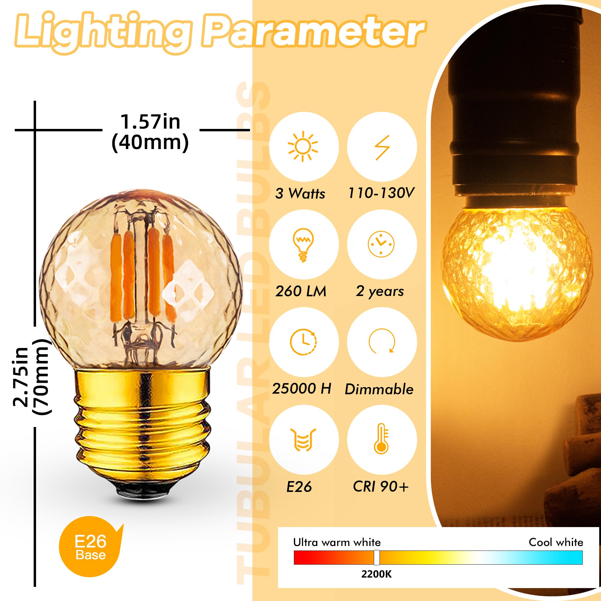 G40 Low Wattage Led Bulbs E26 Standard Screw Base 3 Watt Equivalent To 25W Decor Bulb,Dimmable Amber Small Edison Bulbs Warm Whi