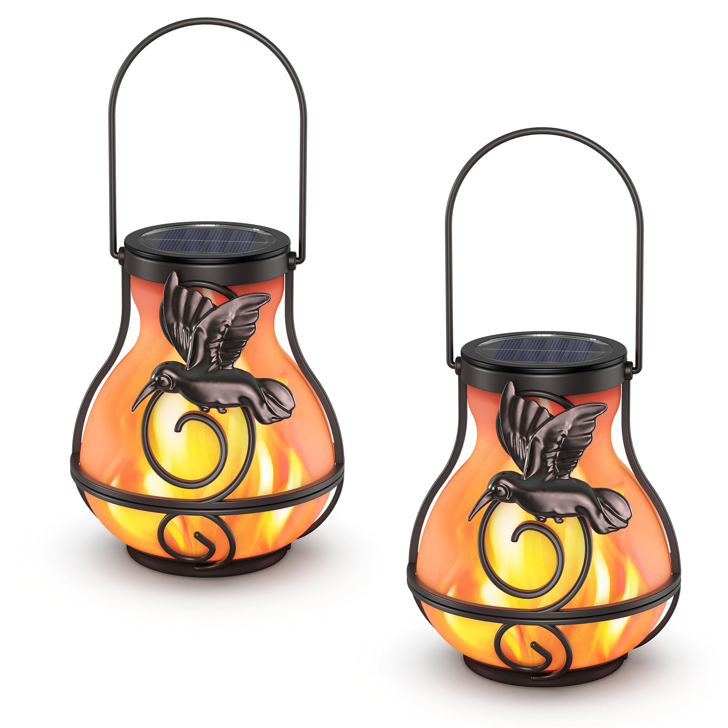 2 Pack Solar Lanterns Outdoor Waterproof, Hanging Hummingbird Flickering Flame Light Garden Decor Hanging Lights Decorative for 