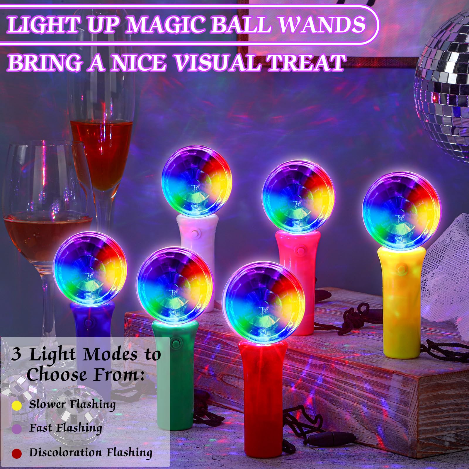 Baquler LED Disco Ball Wand - 12 Pcs Flashing Light Up Accessories, Colorful, Small, Plastic for Parties and Stage Props