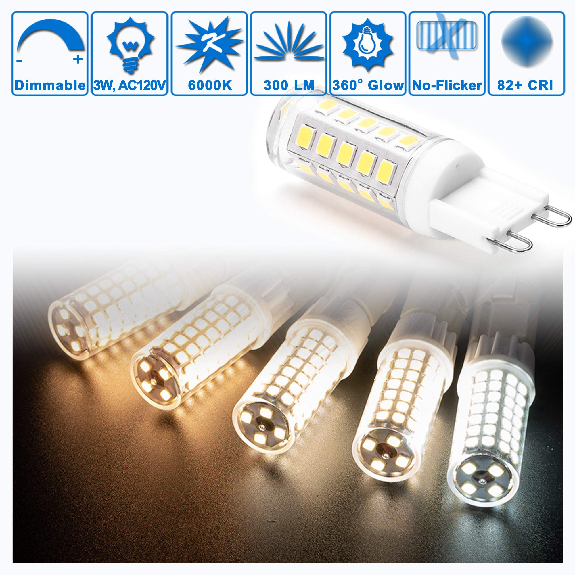 Ziomitus G9 LED Bulbs 3W Dimmable Daylight 6000K, 5-Pack, Energy Efficient Replacement for 20W/25W/30W Halogen,