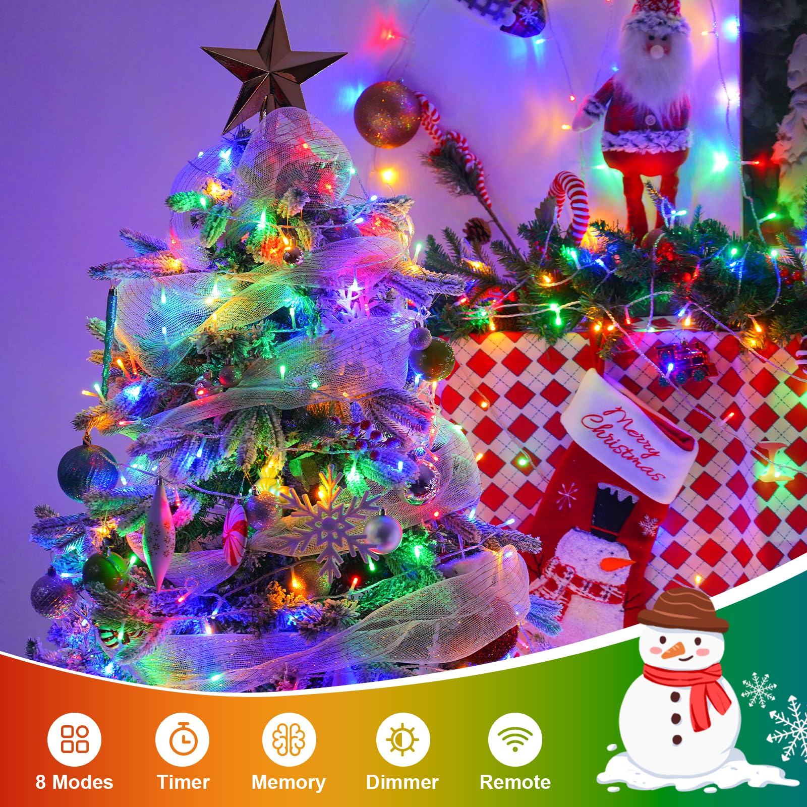 QITONG Battery Operated Christmas Lights, 2 Pack 33ft 100 LED Multicolor Waterproof with Remote, Copper Material