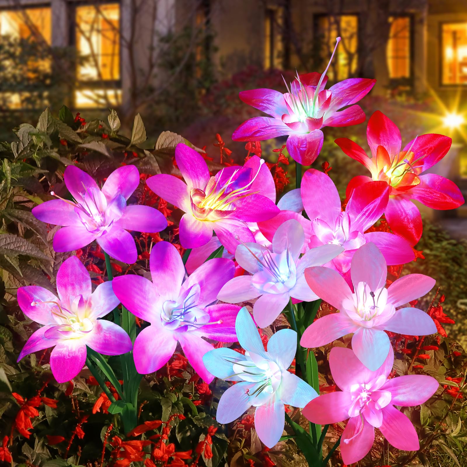 Aukora Solar Garden Lights Outdoor 10 Pack  5 Colors Lily Flowers & 7-Color Changing Led Lights for Outside  Solar Outdoor Light Waterproof for Pathway Patio Yard Decor  Red Yellow Blue White Purple