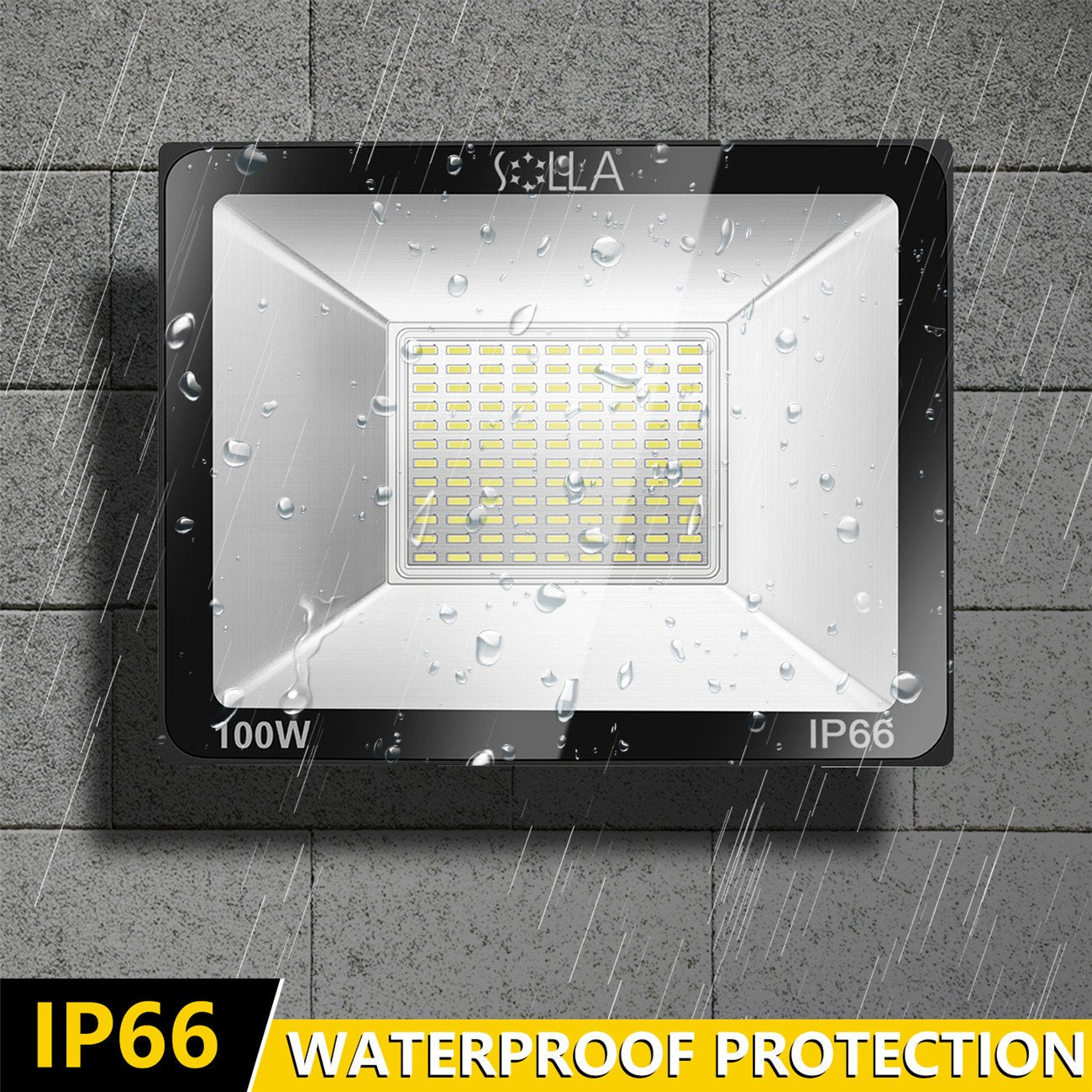 SOLLA 100W LED Flood Light, 2 Pack, IP66 Waterproof, 8000lm, 3000K Warm White, Aluminum, Model 1909