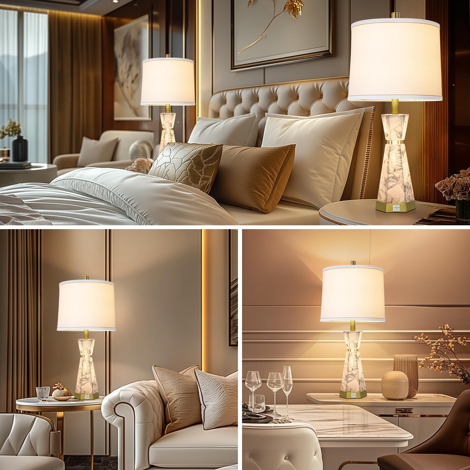 Natural Alabaster Table Lamp,Living Room Lamps Set Of 2,Nightstand Lamp With Night Light,Lamps For Living Room With Linen Fabric