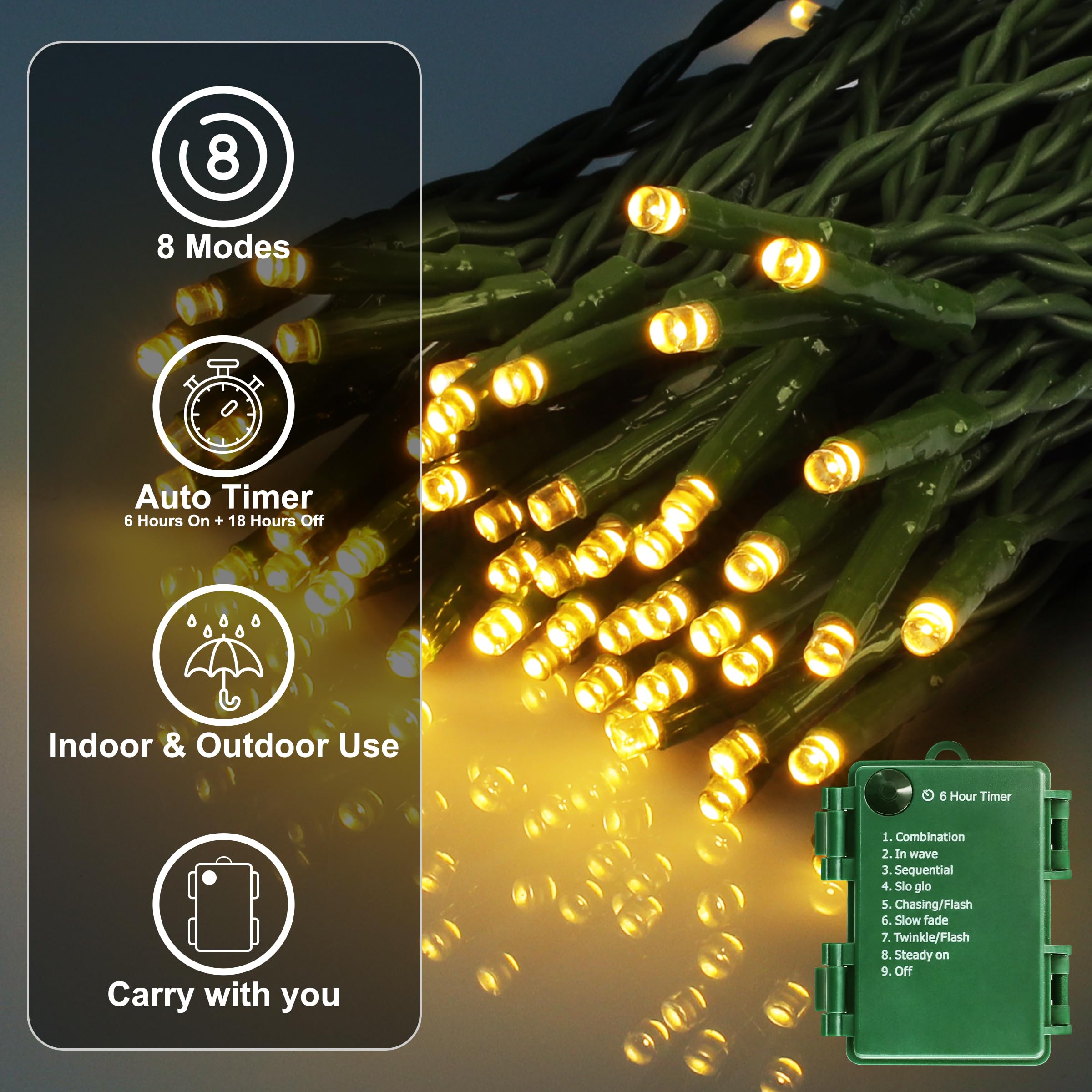 LOENDE Battery Operated Christmas Lights 33FT 100 LED Warm White, 8 Modes, Auto Timer, Indoor/Outdoor, Model CX-36V-5000LHWW