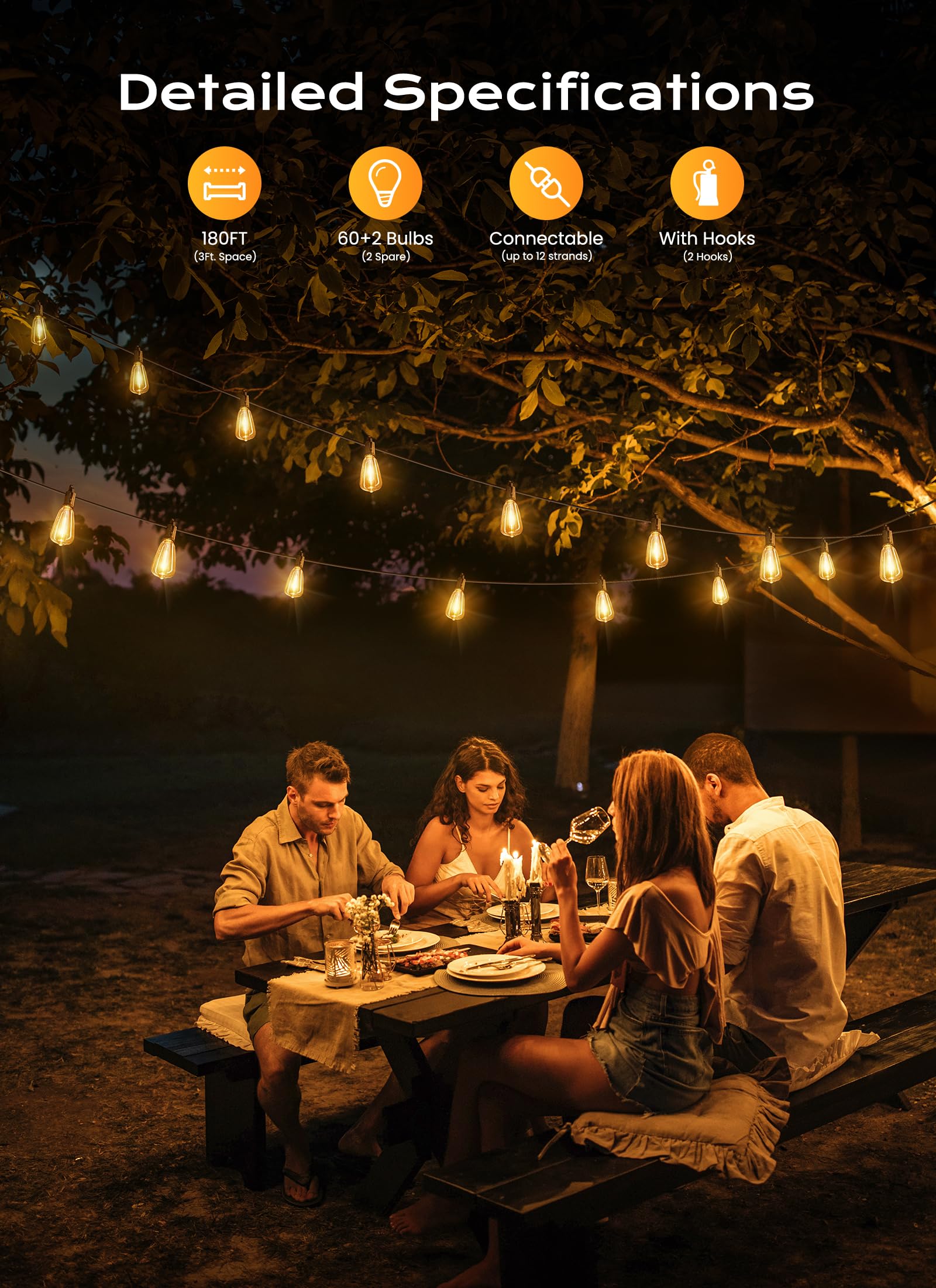 Brightown Outdoor String Lights, 180FT, 60+2 LED, Shatterproof, Dimmable, IP65 Waterproof, Black, Model GYPC-O60LAU