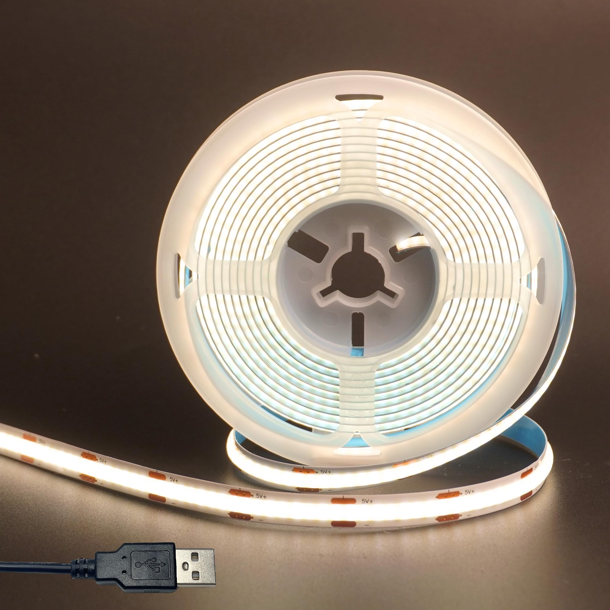 Clearhill 5V 8mm Width USB COB LED Band Lights Natural White 4000K 320LEDs/M 8W/M CRI90 9.84FT/3M Electroplated Double-Sided Panel Light Band Waterproof IP20 Flexible Band for Indoor Decoration