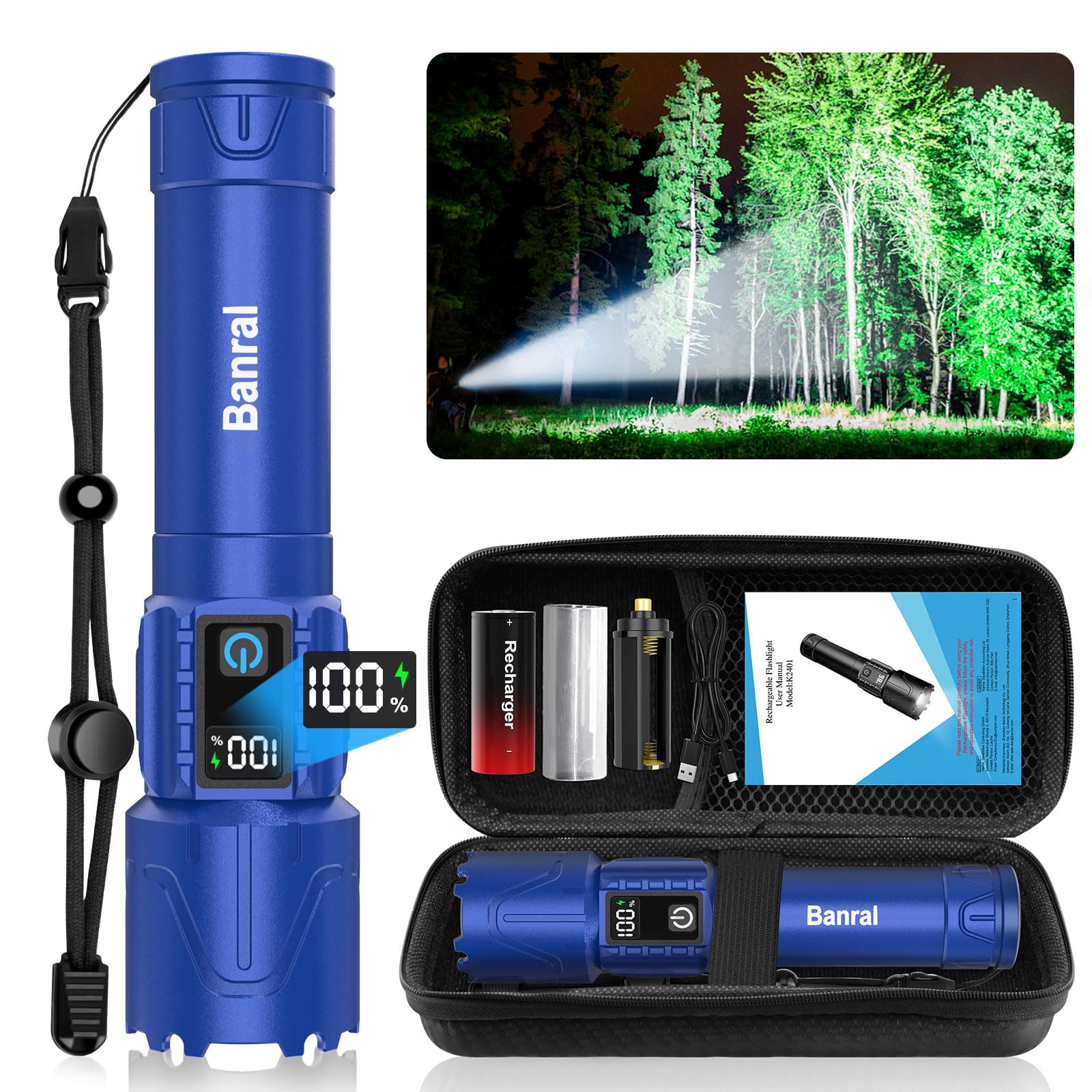 Banral Tactical Flashlight - 5000mAh USB C, Waterproof, 5 Modes, Zoomable, Aluminum, Model K-2401-B, Blue