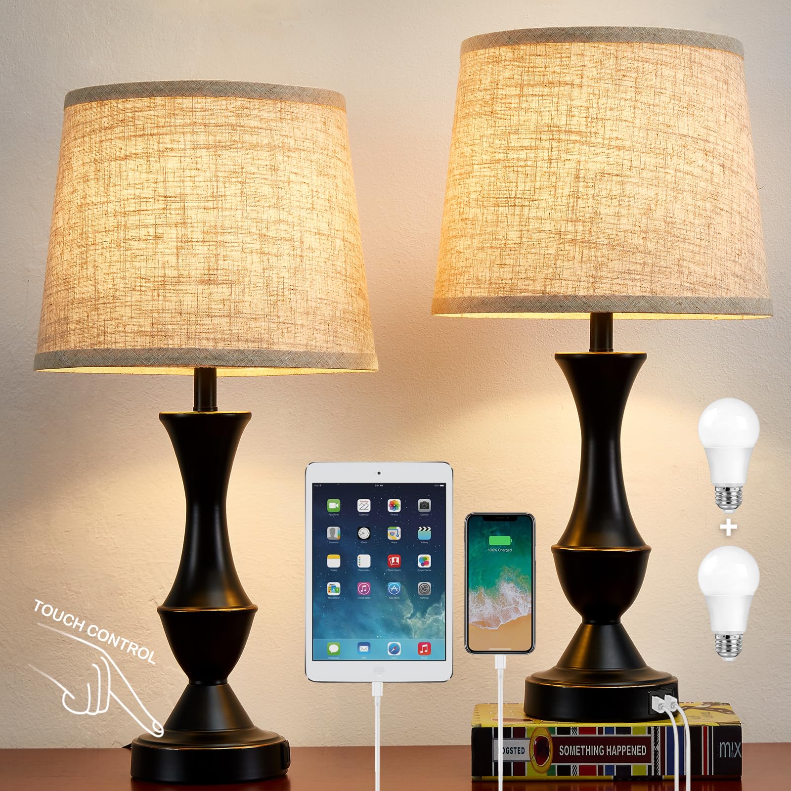 Luvkczc Touch Lamps Set of 2, 3 Way Dimmable, USB Charging Ports, Slub Linen, Black/Oatmeal, Model L-73008-07