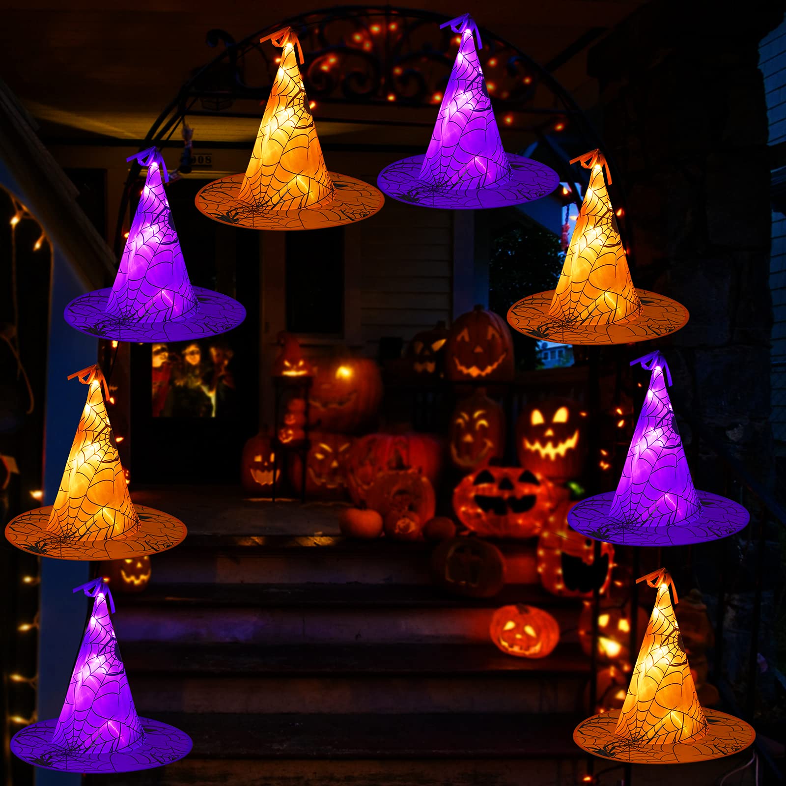 Minetom Halloween Lights Witch Hat - 56 LED Battery Operated, Purple & Orange, Remote & Timer, Indoor/Outdoor Decoration