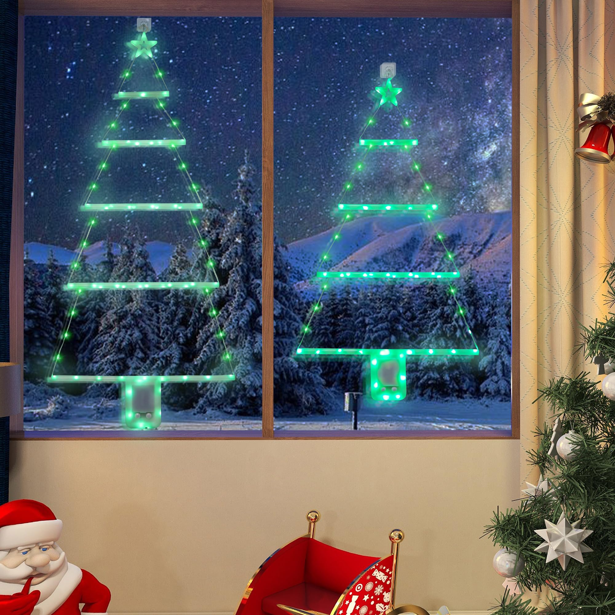 Obralitic Christmas Tree Ladder Lights, 2 Pcs with Remote, 3 FT & 2.4 FT, 8 Modes, LED Indoor Decoration, Green, Model AM2416