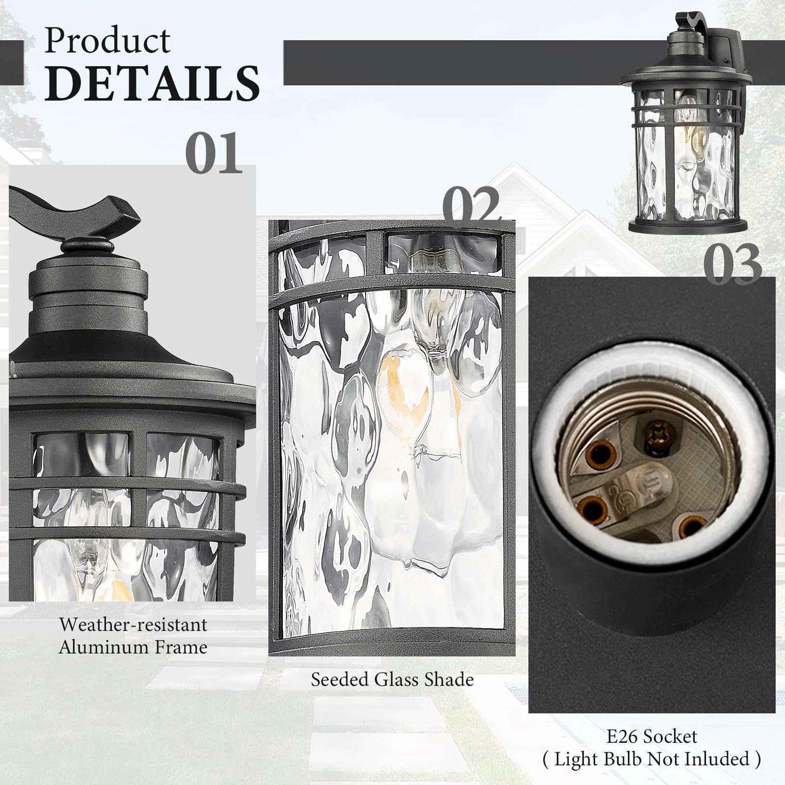 Darkaway Large Outdoor Porch Light Fixture - Waterproof Wall Sconce with Water Ripple Glass, Black - Model 6X20B-M BK+WG