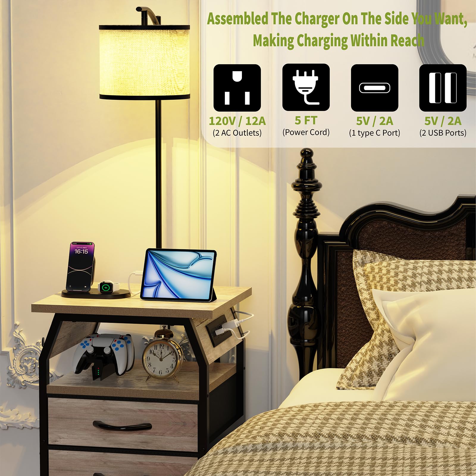runjuly Floor Lamp & Table Set of 2 with 3-Color Temperature Bulb, Greige, Model AH0054-LG, Side Tables with Charging & Drawers