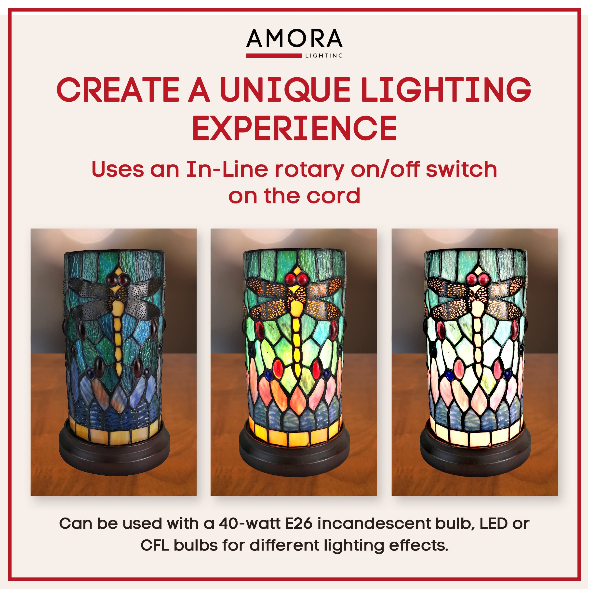 Amora Tiffany Dragonfly Lamp - 11” Vintage Decorative Desk Lamp With Mosaic Shade - Multicolor