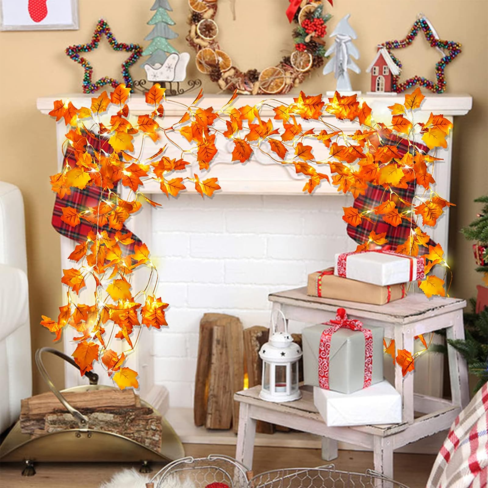 2 Pack Thanksgiving Decorations for Home Lighted Garland, Total 16.4Ft 50LED Fall Halloween Maple Leaves String Lights Battery O