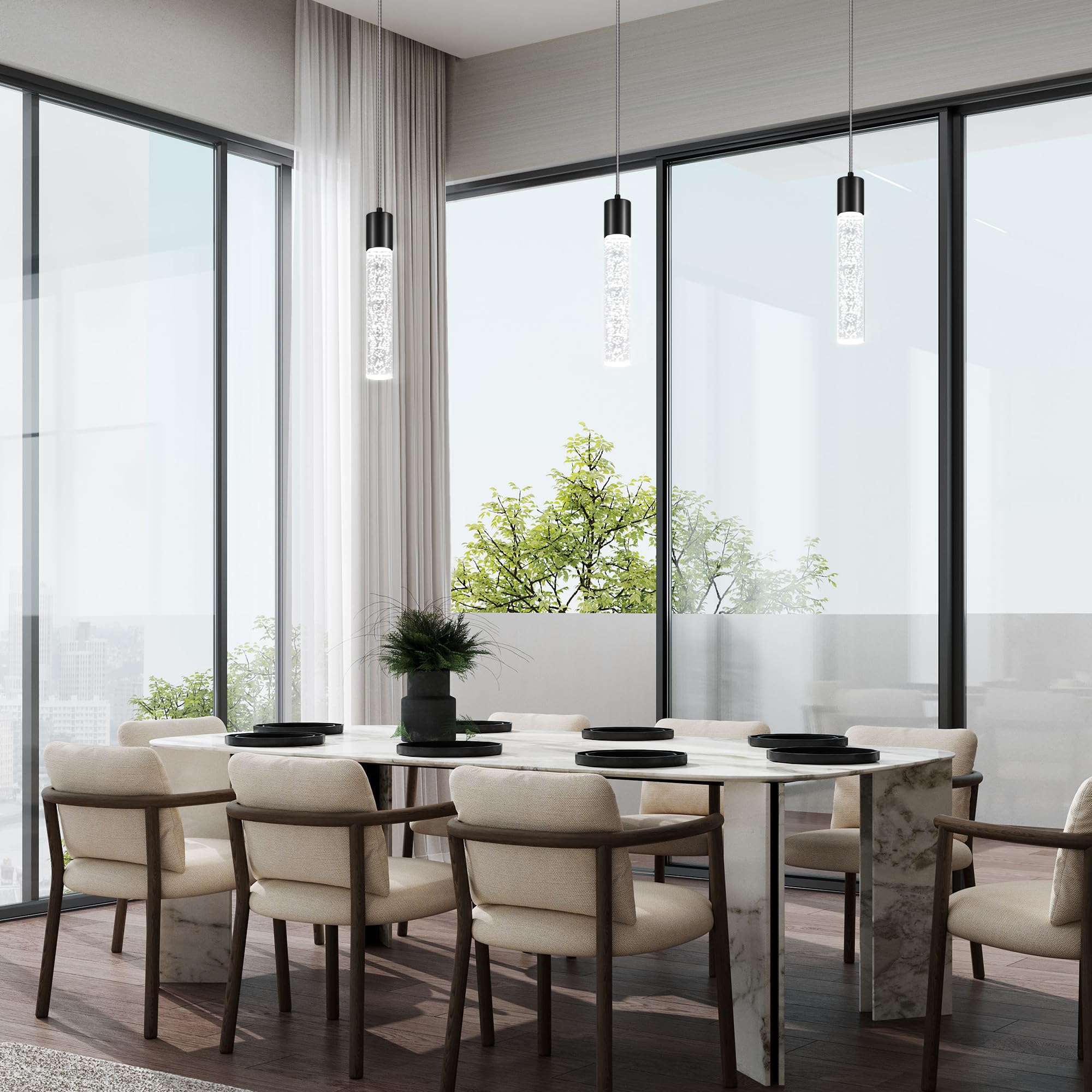 Esfos Kitchen Island Pendant Lights, 3 Pack Brushed Black Crystal Bubble, Integrated LED, Model L11-3-BK, 6500K