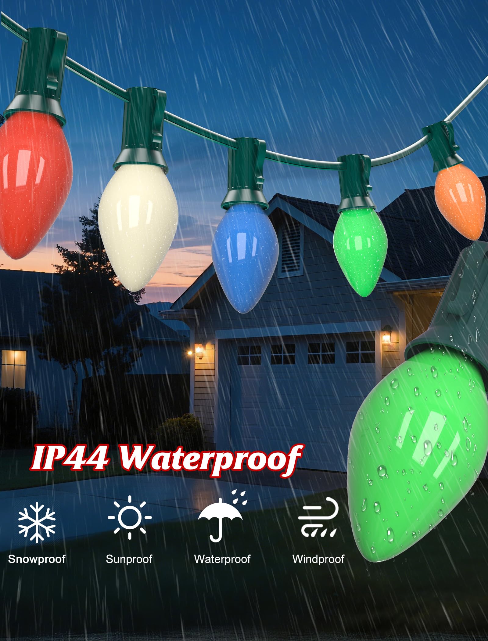 SUNSGNE C7 LED Christmas Lights, 25FT Multicolor Outdoor String Lights, Ceramic Glass Bulbs, Green Wire