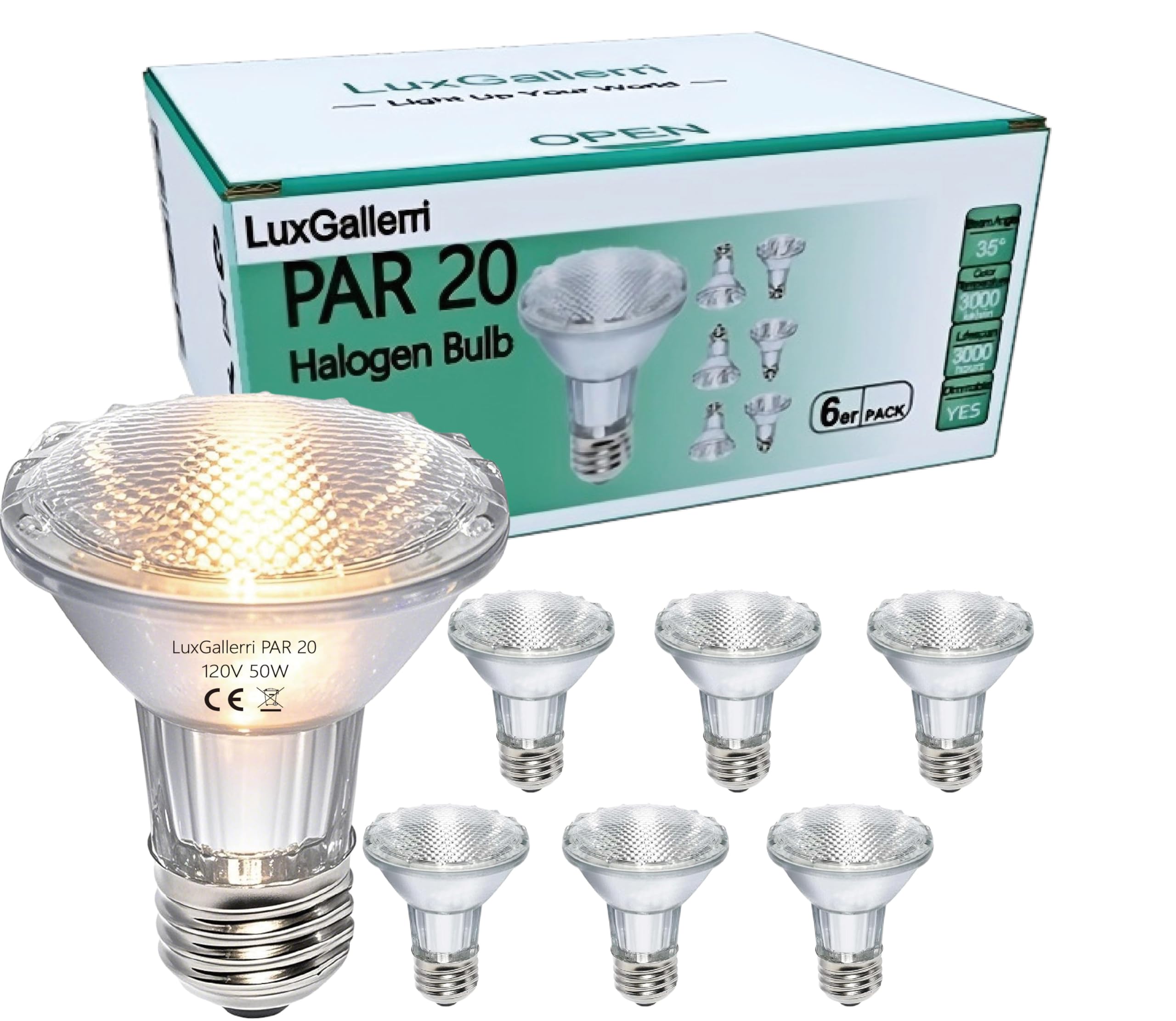 Luxgallerri Par20 Halogen Light Bulbs 6 Pack 120V 50W Dimmable, E26 Medium Base Flood Light Bulbs With 3000K Warm White,High Out