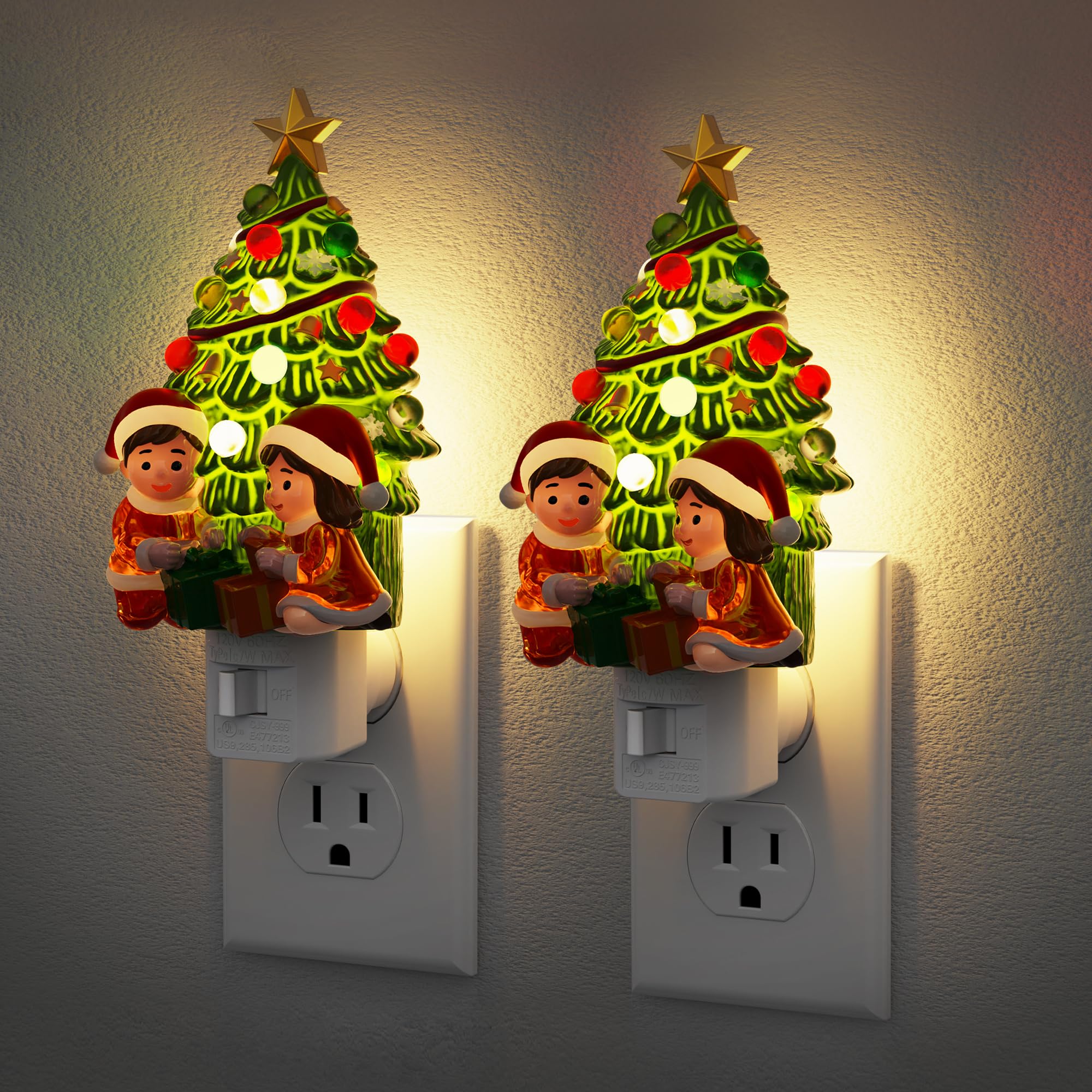 JandCase Christmas Tree & Santa Claus Night Light, 3000K Night Lights Plug into Wall,Cute & Funny Ceramics Christmas Night Light