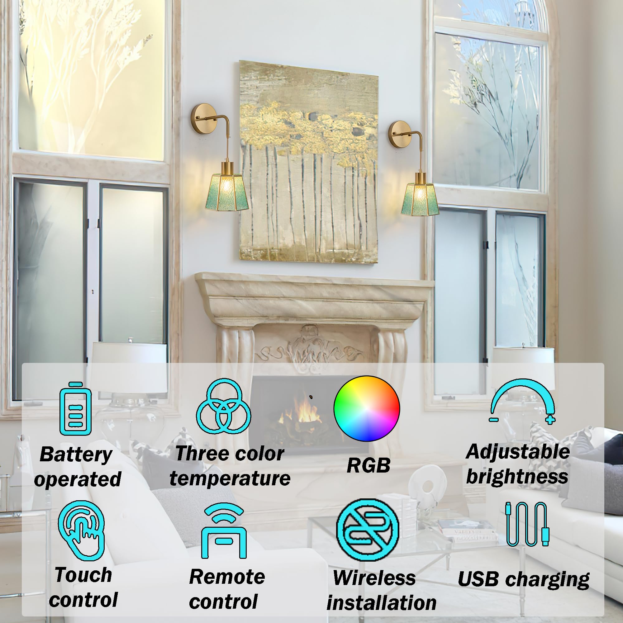 Yhcdlamp Battery Operated Sconces Set Of 2, Battery Operated Wall Lights With Remote,Rechargeable Wall Sconces Rgb Color Changin