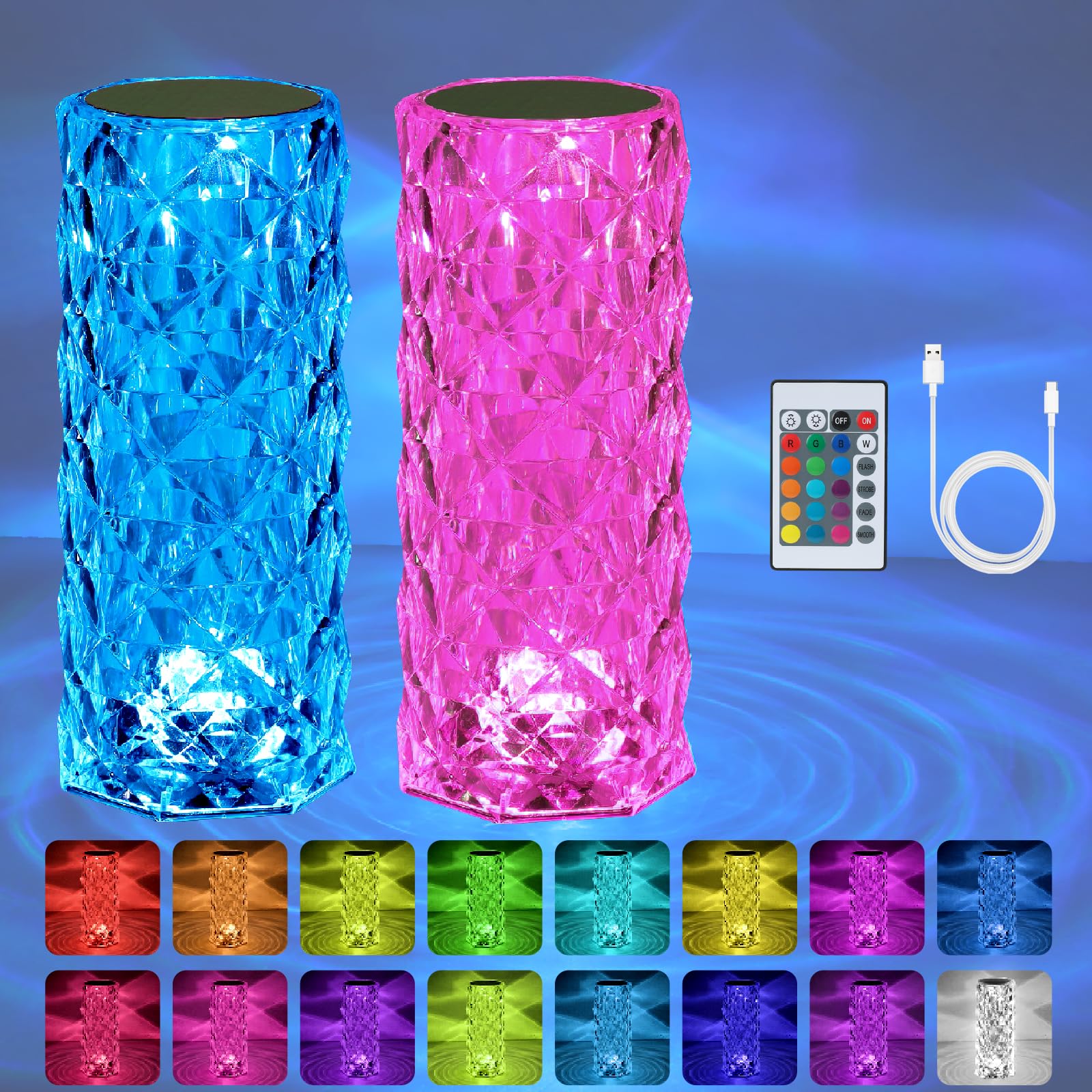 Vomii 2 Pack Crystal Lamp Touch, Rgb 16 Colors Changing Night Light, Rechargeable Crystal Table Lamp Bedside Lamp, Cordless Rose Diamond Battery Night Light, For Bedroom/Party/Dinner/Decoration