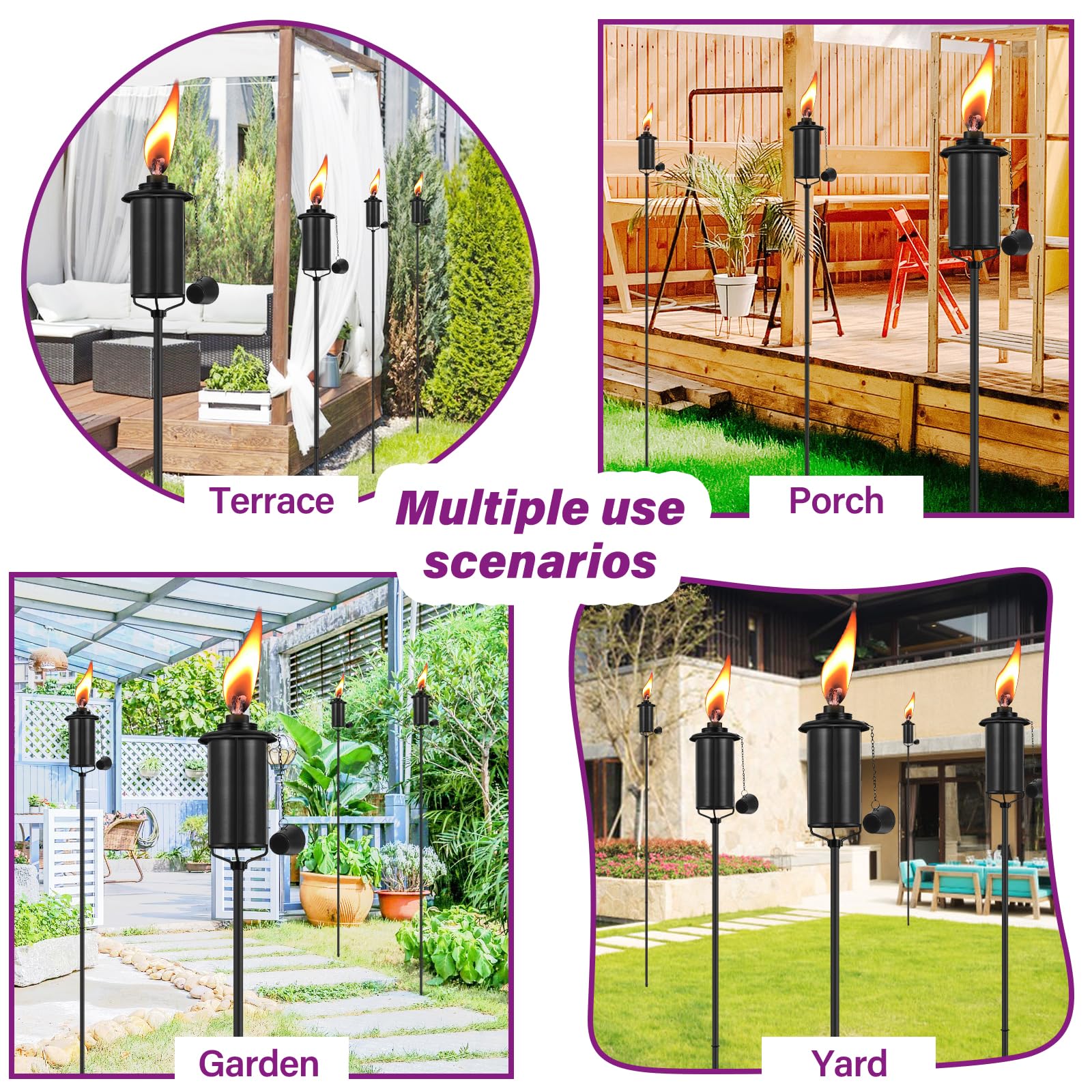 Fan-Torches 4 Pack Metal Garden Torches, 59-Inch Citronella Outdoor Decor For Patio & Parties