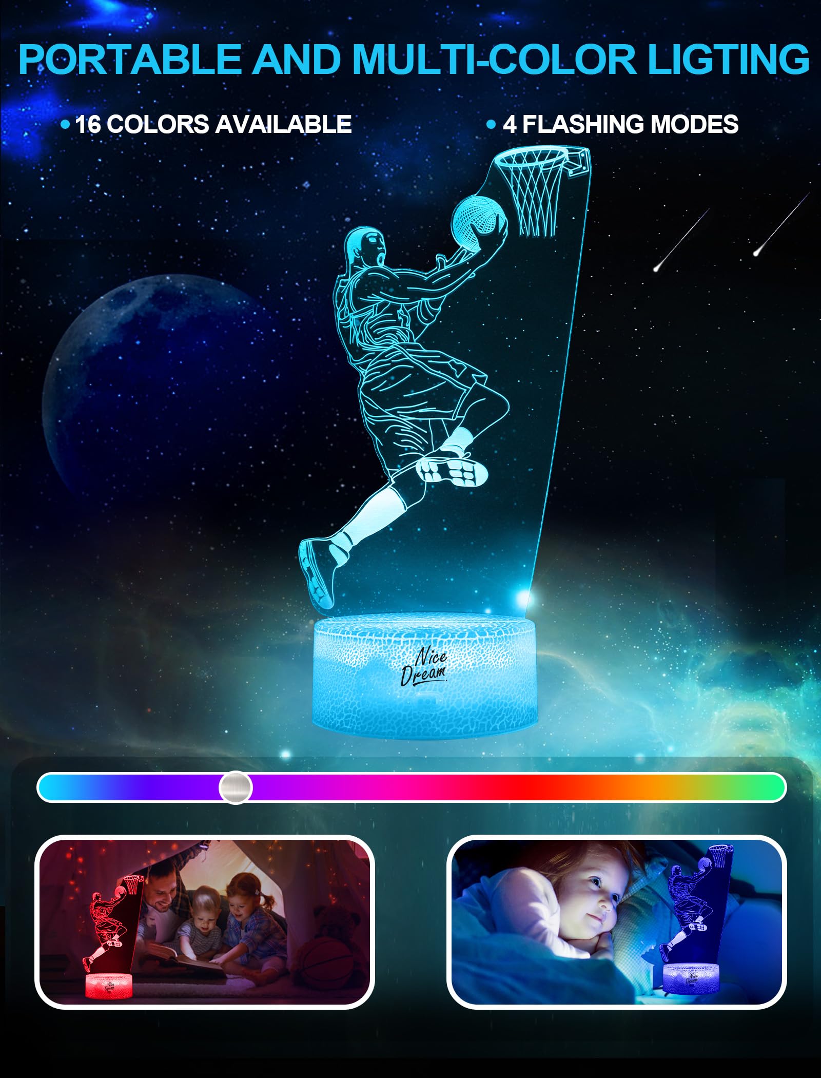 Nice Dream 3D Illusion Basketball Player Night Light, Multicolor, Remote Control, 16 Colors, Room Decor for Kids