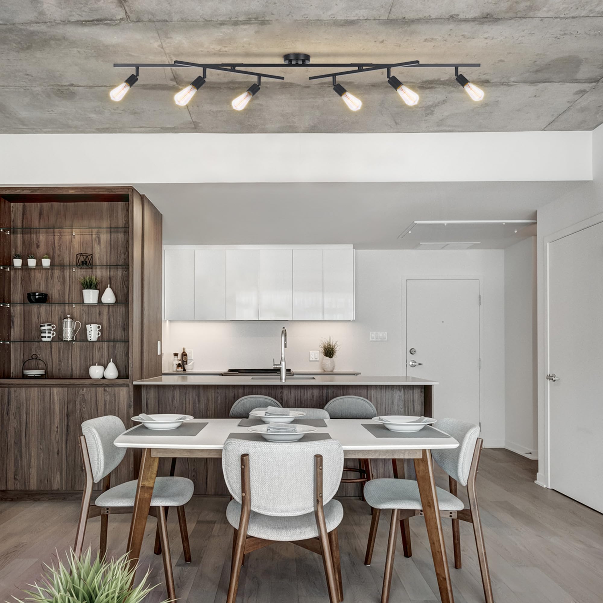 Globe Electric 64000125 64'' 6-Light Double Center Swivel Track Lighting, Matte Black, Pivoting Track Heads, Center Canopy