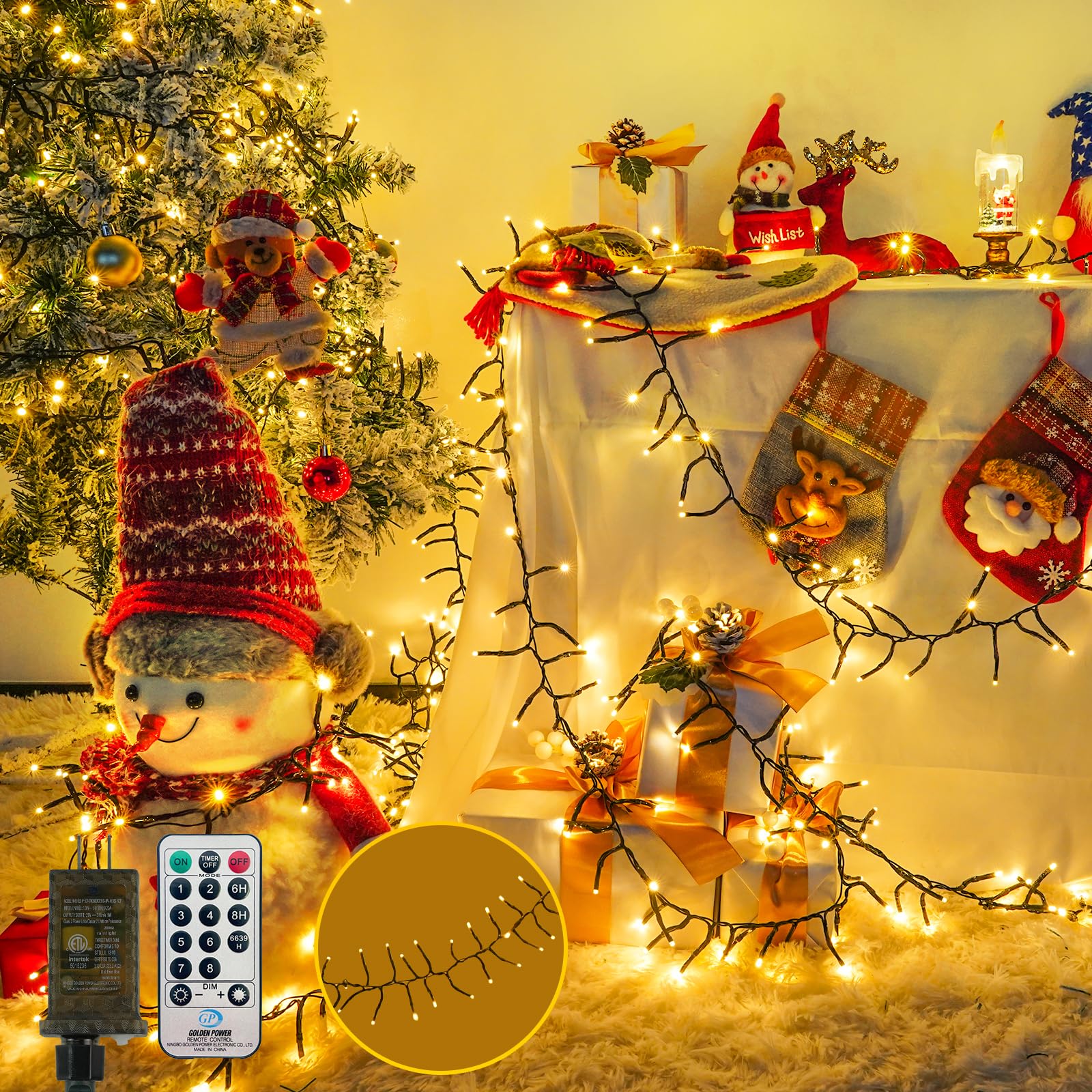 50Ft 1000 Led Cluster Christmas Lights  Christmas Tree Lights Outdoor Indoor With 8 Modes & Timer & Remote  Fire ers String Lights Waterproof For Garland Party Xmas Decorations  Warm White