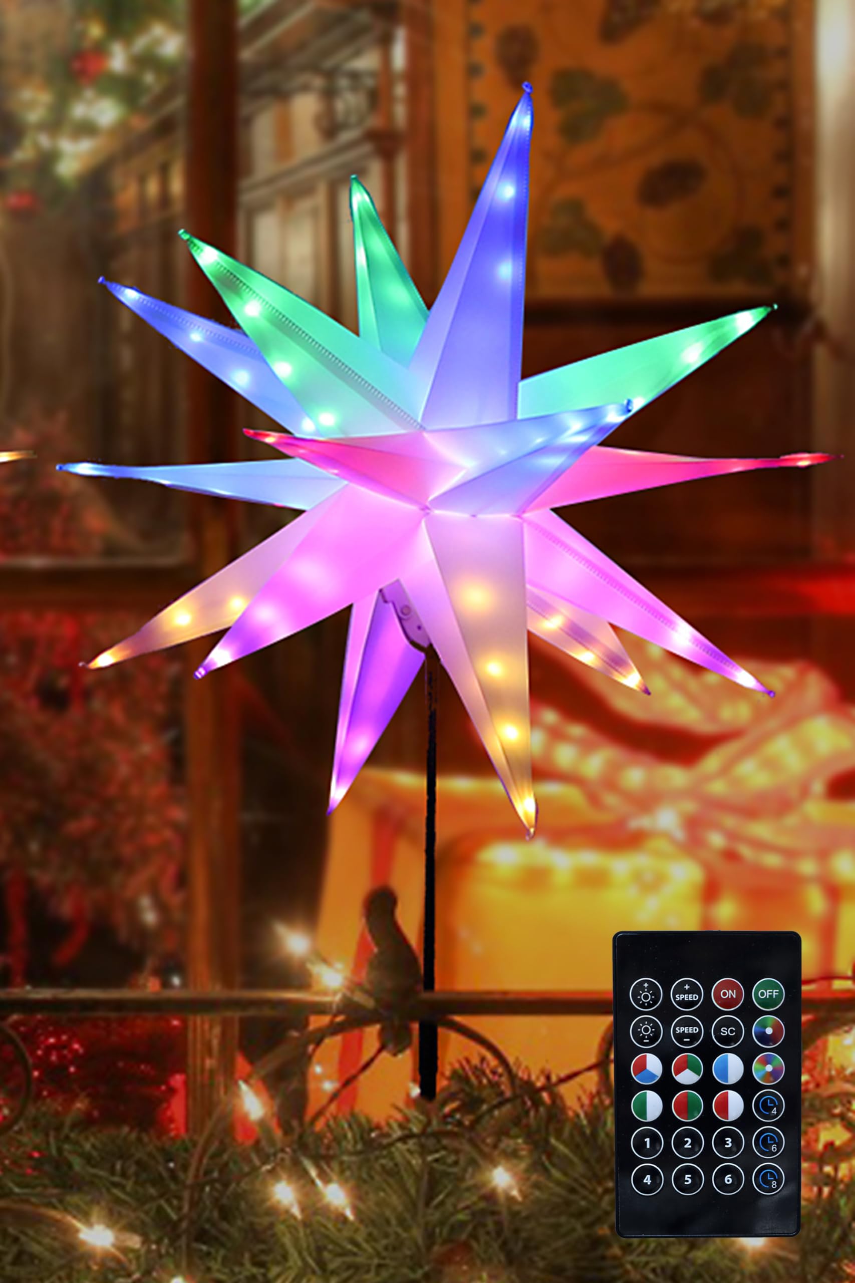 FUCHSUN 23" LED Moravian Star Light - Color Changing Christmas Tree Topper, Multi-colored, 6 Lighting Modes, Model GP-SW050DC1000-IP44