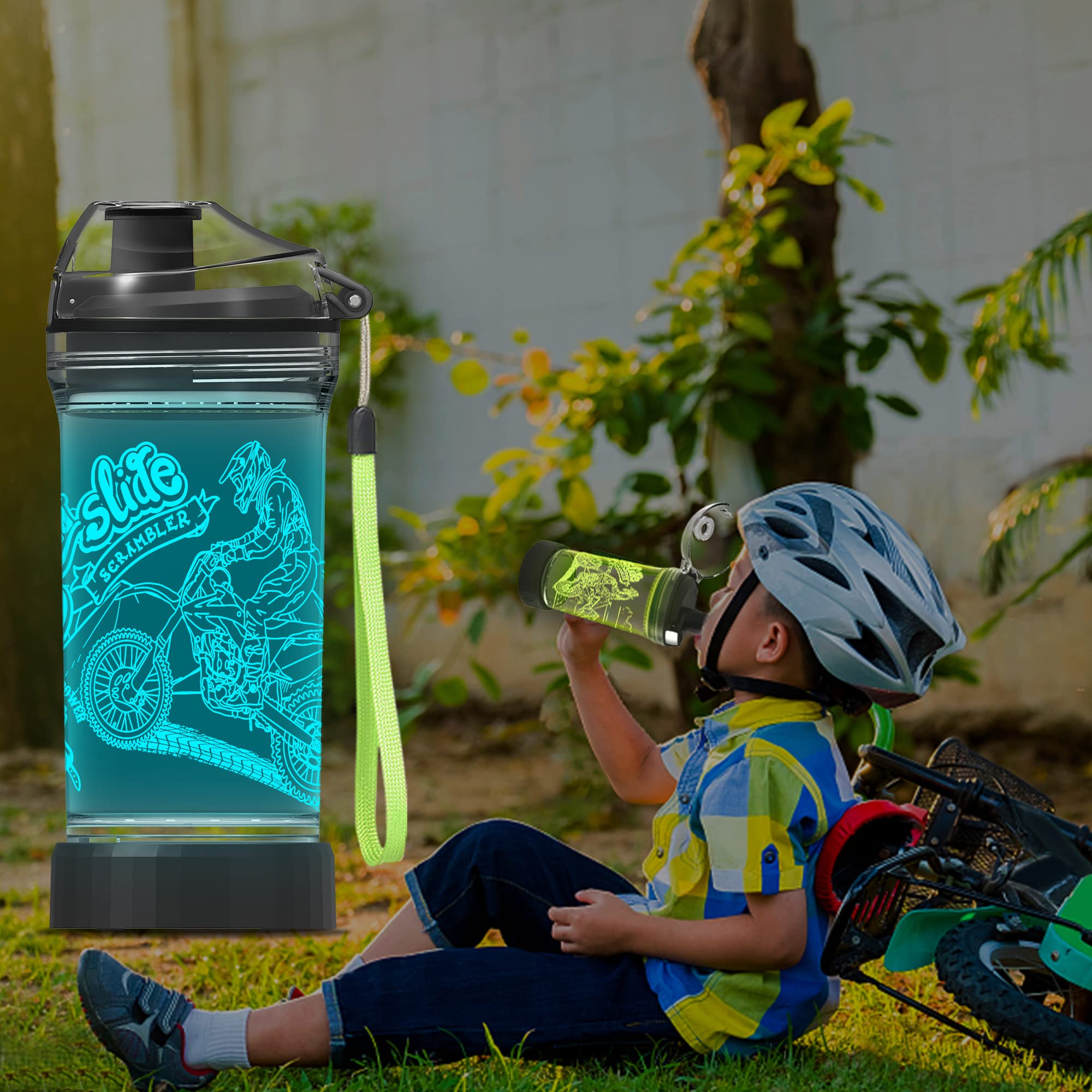 Attivolife Motorcycle Kids Water Bottle - Light Up 3D LED, 14 oz BPA Free, Creative Travel Cup, Model KF-PZ017