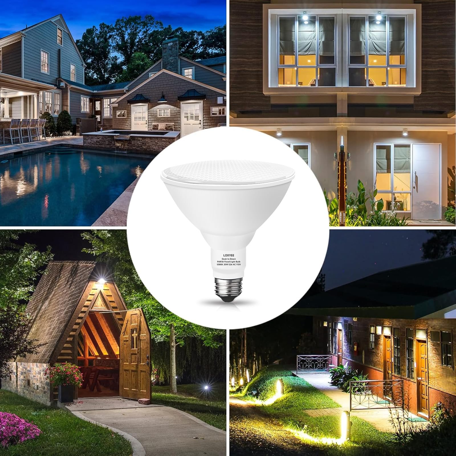 Loxyee 2 Pack Led Par38 Dusk To Dawn Flood Light Bulbs Outdoor ,20W(200W Equivalent) E26 Base Flood Light Bulbs,5000K Daylight 1800 Lumens Led Flood Light For Outdoor Garden,Garage,Yards