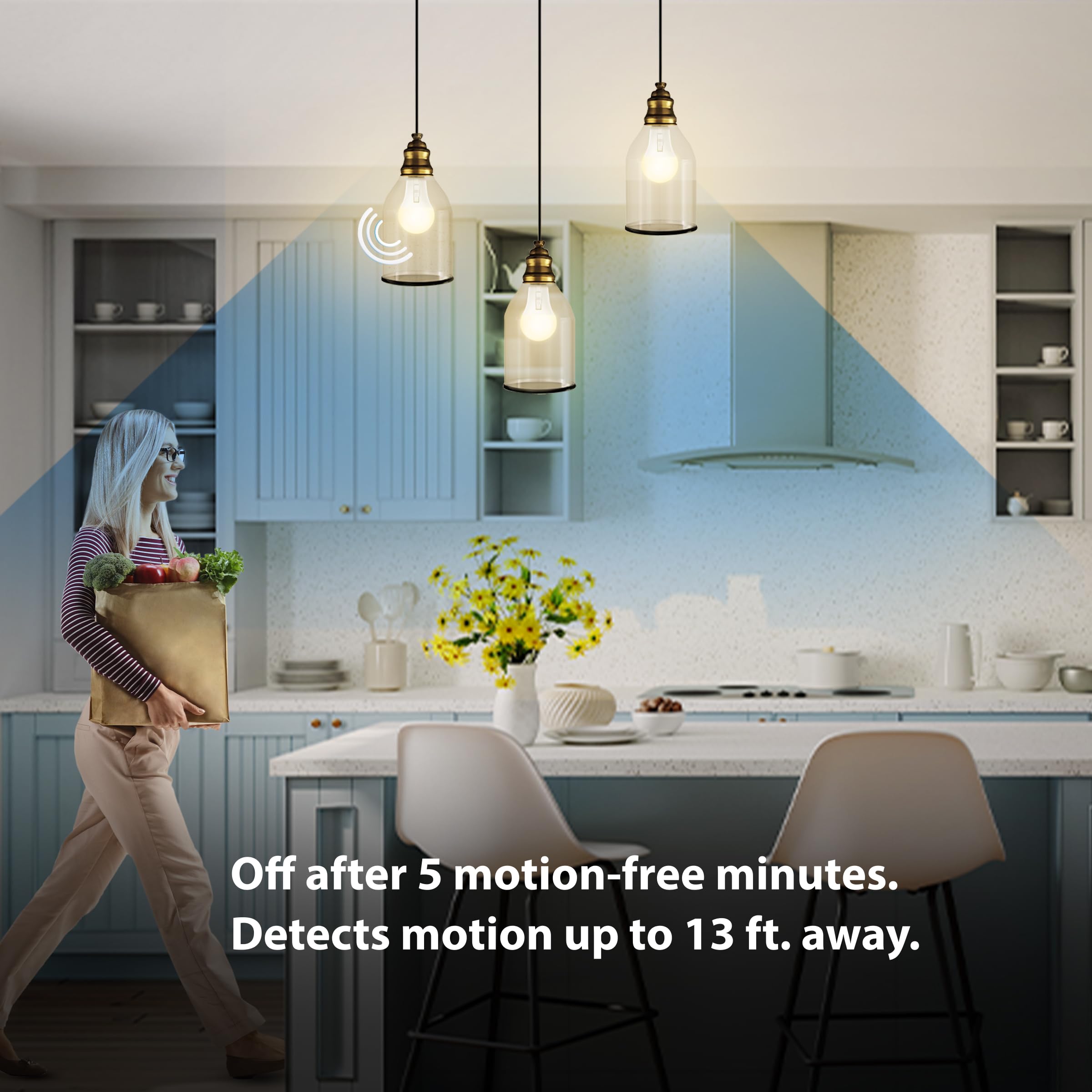 Feit Electric LED Motion Sensor Bulb, 60W Equivalent, A19, White, E26 Base, 800 Lumens, 5CCT, Non-Dimmable, Model OM60