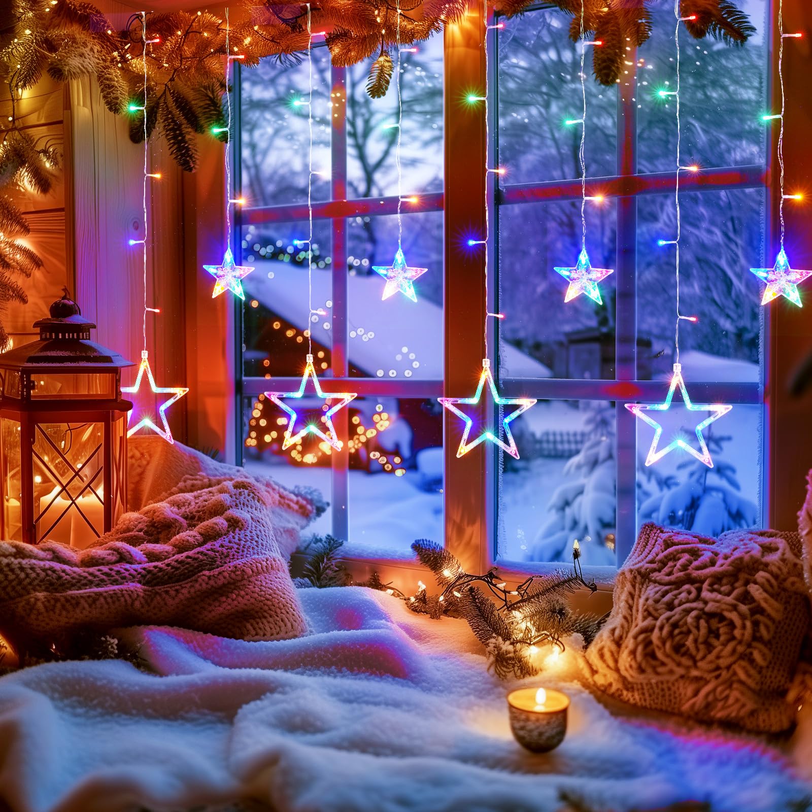 Minetom Star Curtain Lights - 138 LED 12 Star Christmas Window Lights with Remote and Timer, 8 Modes and Dimmable, Connectable S