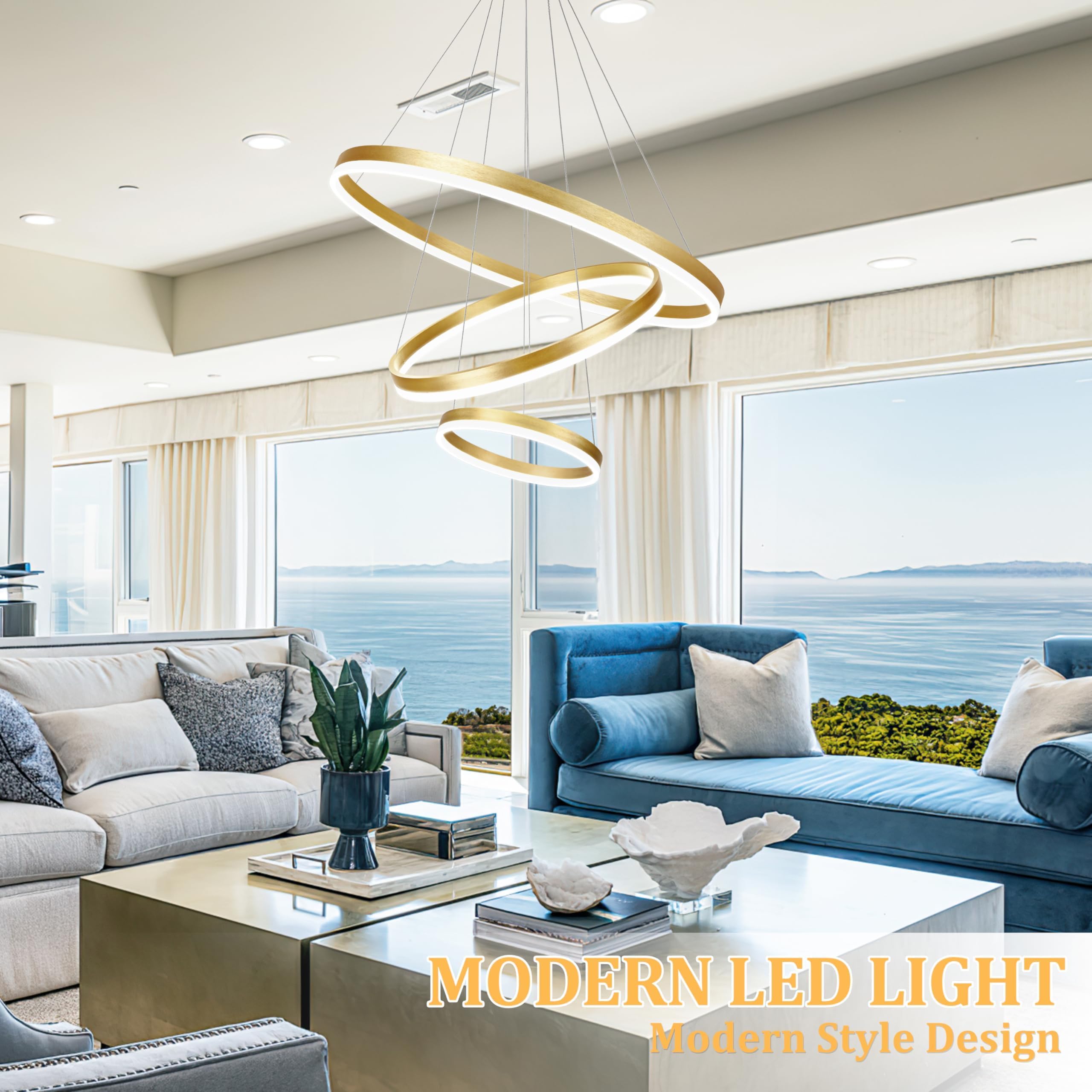 Mccokaige 31.5'' 3 Ring Modern Led Pendant Light Gold Modern Led Chandelier Contemporary Ring Chandeliers Dimmable Chandeliers C