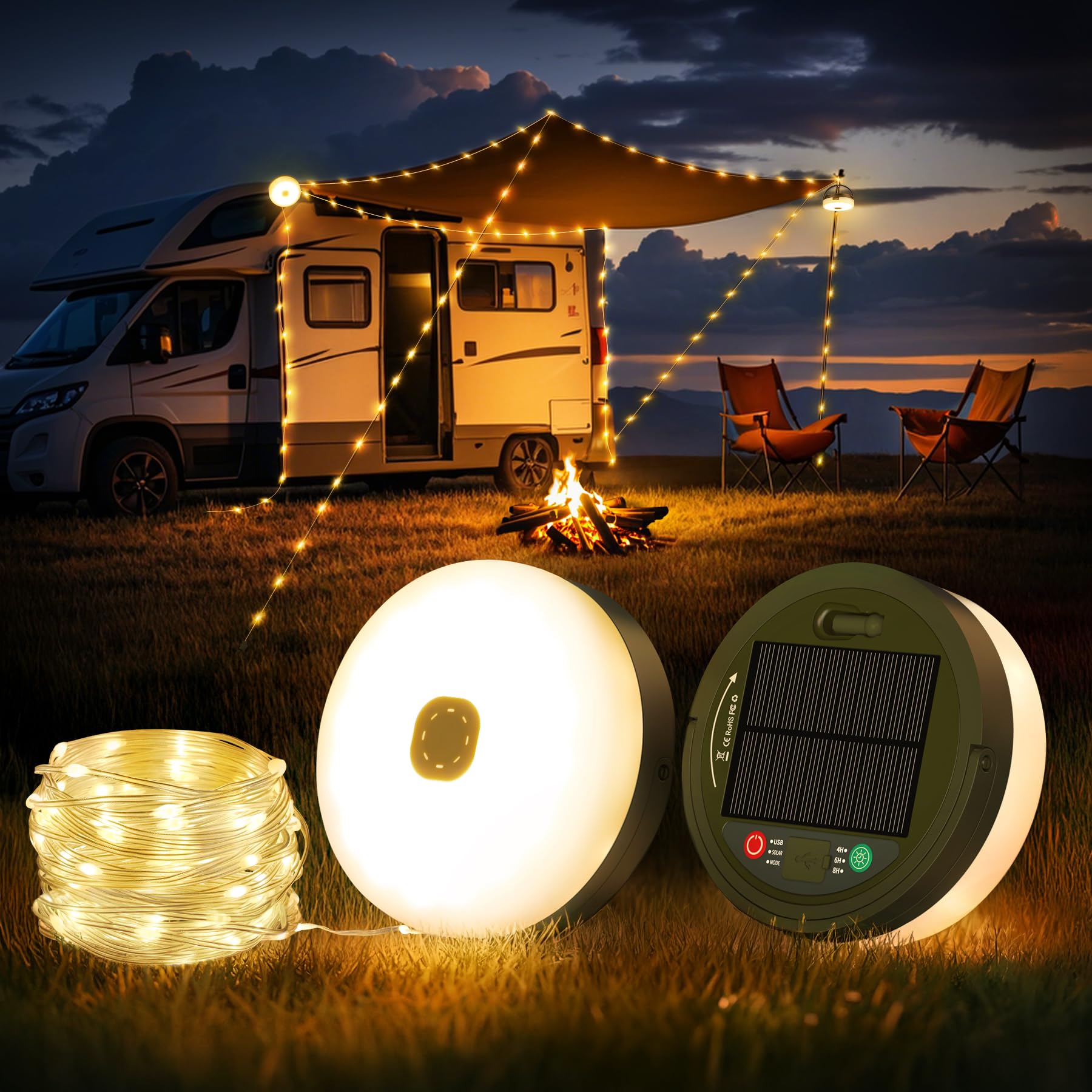 YUNJAYI Solar Camping String Lights, 33FT 3000mAh Retractable 4 in 1 Camp Lights with 8 Modes, Portable Rechargeable Camp Lamp,