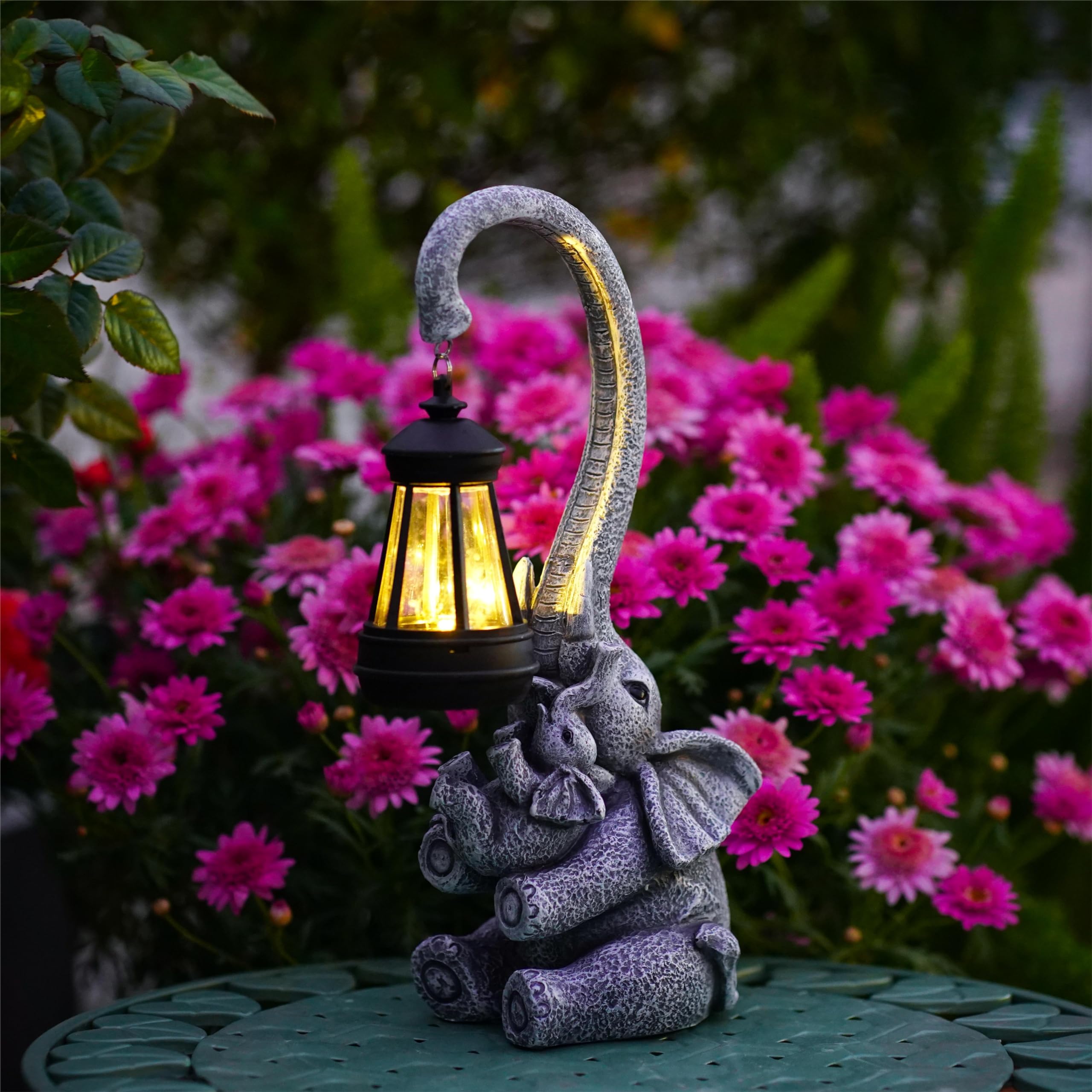 Pohabery Elephant Outdoor Statues With Cute Baby Garden Decor, Resin Elephant Figurines With Solar Lantern Outdoor Decoration Gi