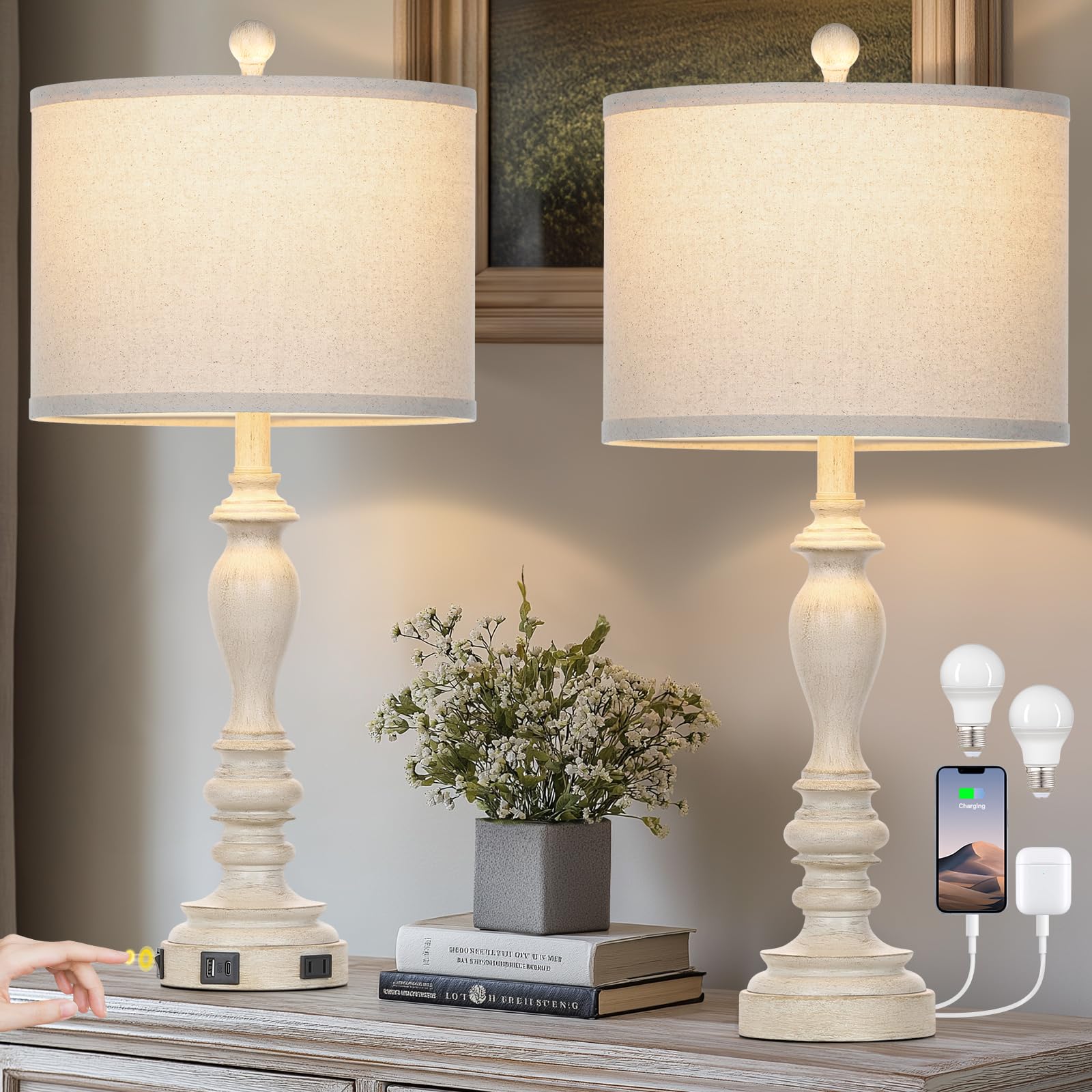 Cinyirong 27.5'' Retro Table Lamps Set of 2 with USB A+C Charging Ports -Nightstand Lamp for Bedroom Vintage Rustic Table Lamps 