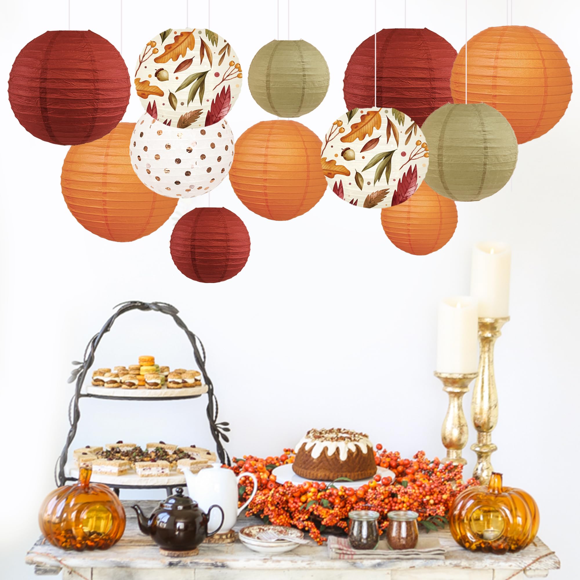 NICROLANDEE 12Pcs Burgundy Orange Maple Leaves Hanging Paper Lanterns Party Decorations for Thanksgiving, Wedding, Birthday, Bab